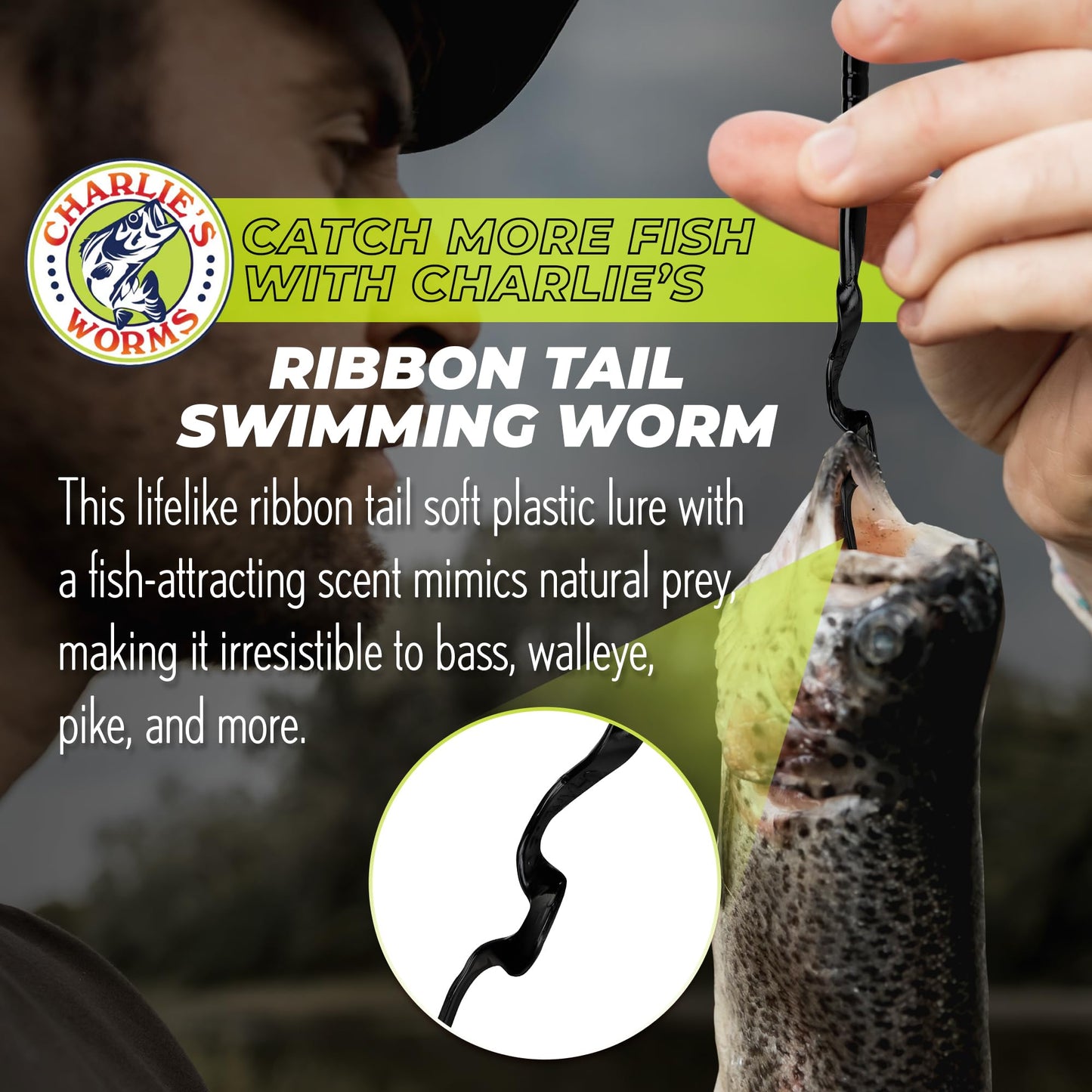 Charlie's Worms Artificial Fishing Bait 8" Ribbon Tail Swimming Worm, Freshwater Saltwater Bass Soft Lures Scented 10pk