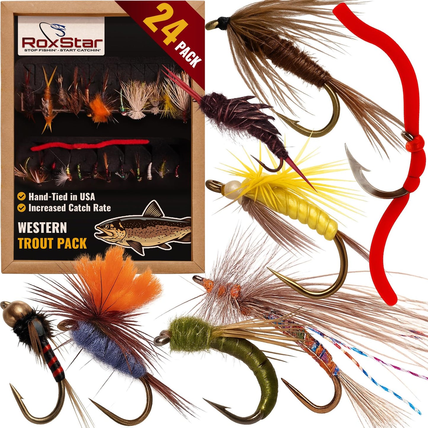 RoxStar Fly Fishing Shop | Proudly Hand Tied in The USA | Western Trout Fly Assortment | Top 24 Producing Trout Flies for The West | Gift Box Included | (24 Pack)