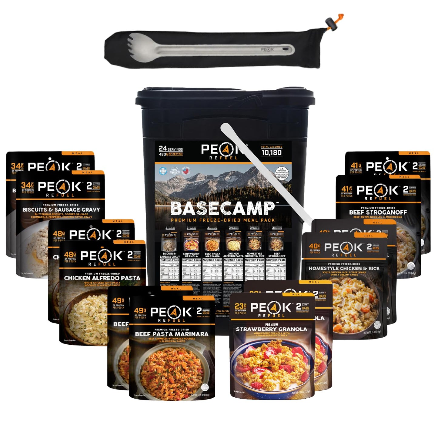 Peak Refuel Buckets | 100% Real Meat | Premium Freeze-Dried Meals for Backpacking, Camping & Survival | 24 Servings | MRE Emergency Food (Essentails Bucket)