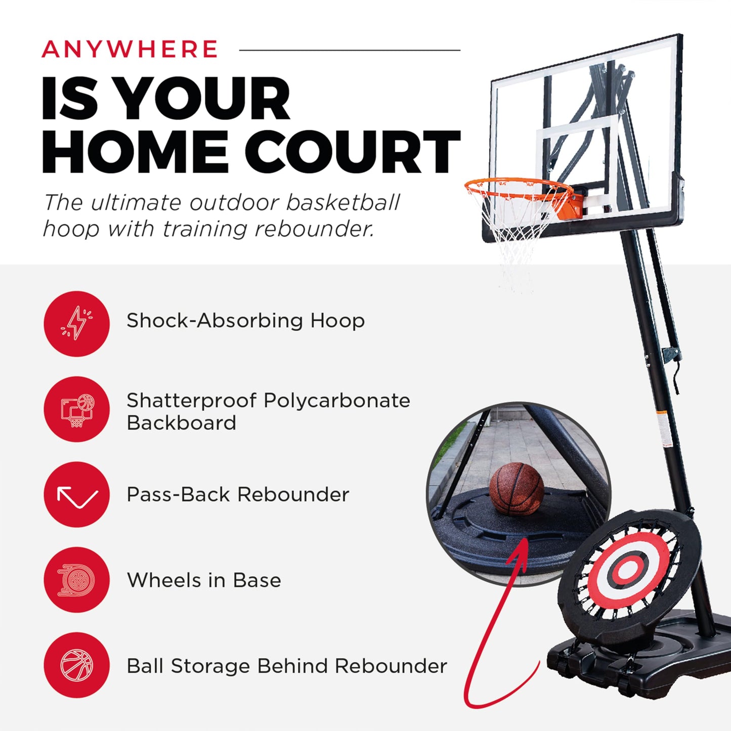 IE Sports Portable Basketball Hoop w/ 44" Backboard & Rebounder, 7.5-10 Ft Adjustable Height - Outdoor Basketball Equipment for Backyard, Driveway, and Garage