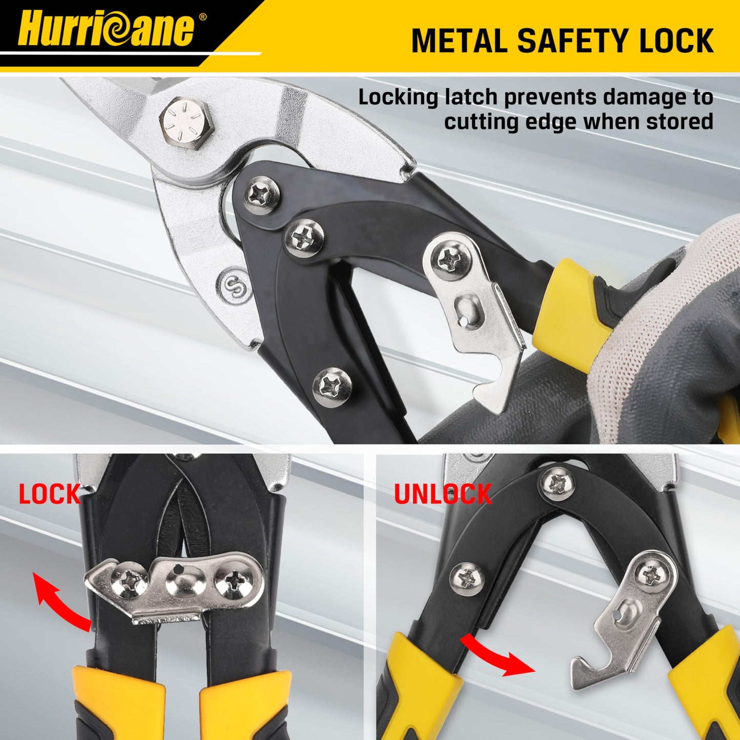 HURRICANE 3 pc Aviation Tin Snips Set, Metal Cutter Shear for Cut Sheet Metal, Chrome Vanadium Steel, Straight Left and Right, Ergonomical TyreGrip Handle with Hang Hole and Safety Latch