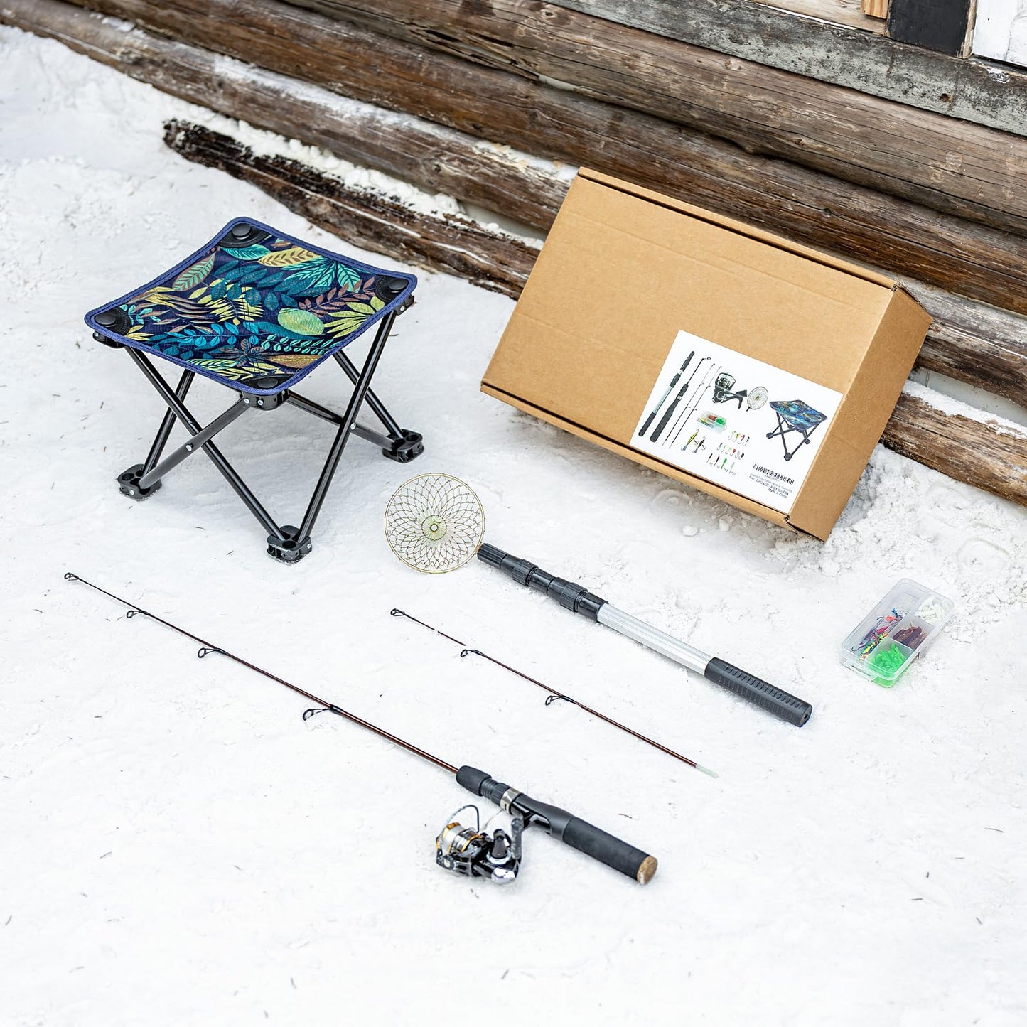Gonex Ice Fishing Rod Reel Combo Medium Light Carbon Fiber Fiberglass Portable Complete Kit Include Skimmer Spare Rod Spinning Ice Fishing Reel Ice Jig Folding Stool for Winter Fishing