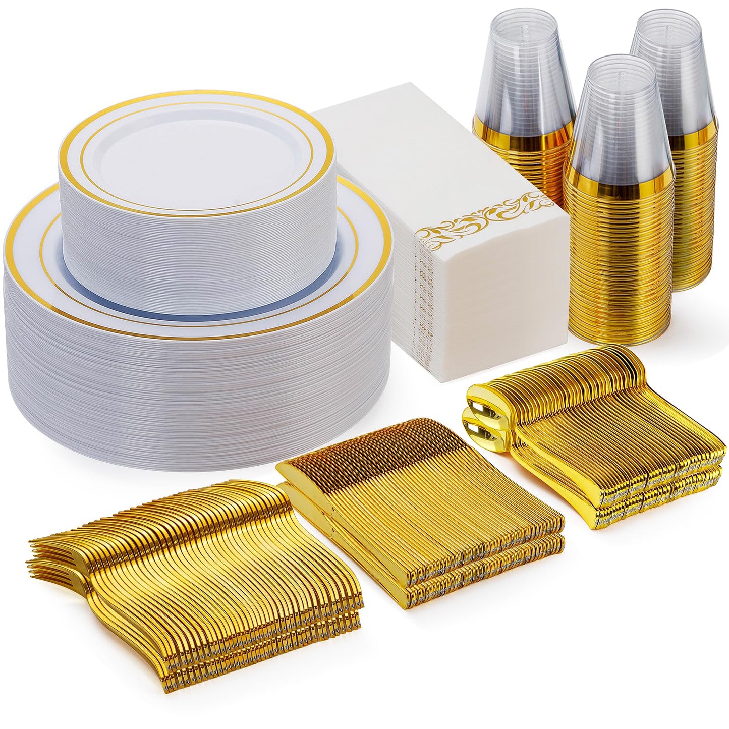 Goodluck 700 Piece Silver Dinnerware Set for 100 Guests, Disposable Plastic Plates for Party, Include: 100 Dinner Plates, 100 Dessert Plates, 100 Paper Napkins, 100 Cups, 100 Silverware set