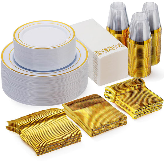 Goodluck 700 Piece Silver Dinnerware Set for 100 Guests, Disposable Plastic Plates for Party, Include: 100 Dinner Plates, 100 Dessert Plates, 100 Paper Napkins, 100 Cups, 100 Silverware set