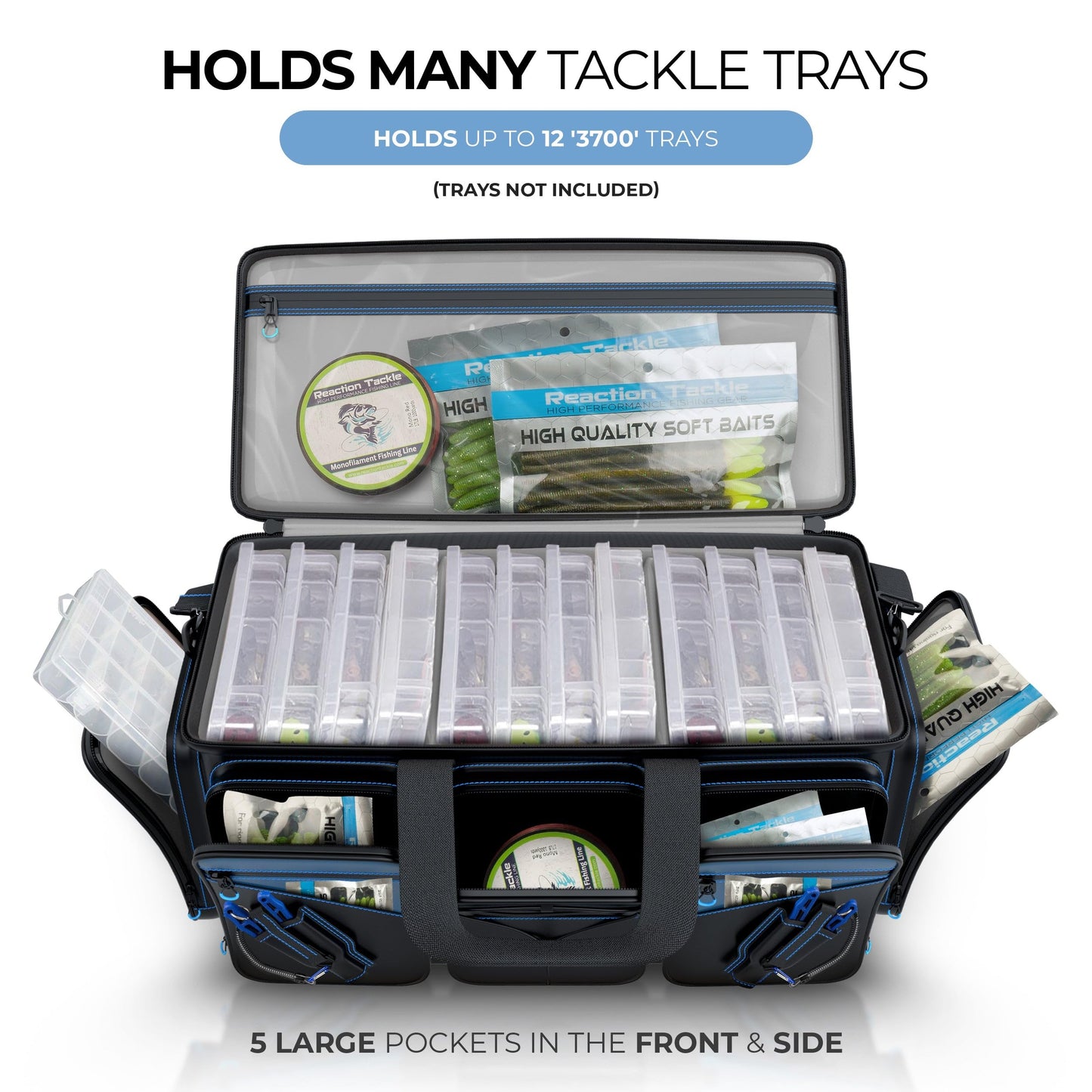 Reaction Tackle Fishing Tackle Bag – Salt Water Resistant Fishing Bag, 1000D PVC Waterproof Material, Tackle Box Organizer with Dividers for 3600 or 3700 Trays (Small, Medium, Backpack only fit 3600)