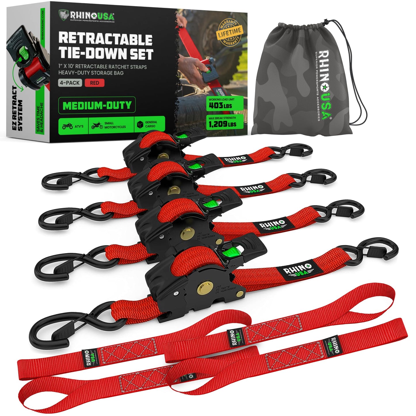 Rhino USA Retractable Ratchet Straps (4-Pack) - 1 Inch x 10 Feet (1,209lb Break Strength) - Heavy Duty Auto Self Retracting Tie Down Straps for Truck, Cargo Trailer, Motorcycle, Rad & More - Black