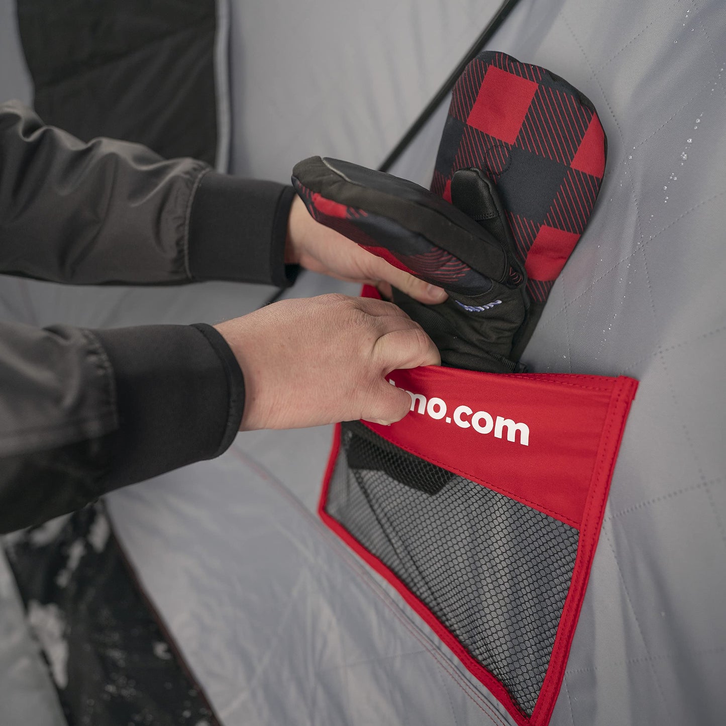 Eskimo Outbreak Portable Pop-Up Ice Fishing Shelter, Stormshield Insulated Fabric, No Trip Door, Durable Hub Design, Deluxe Tie Downs, Red/Black