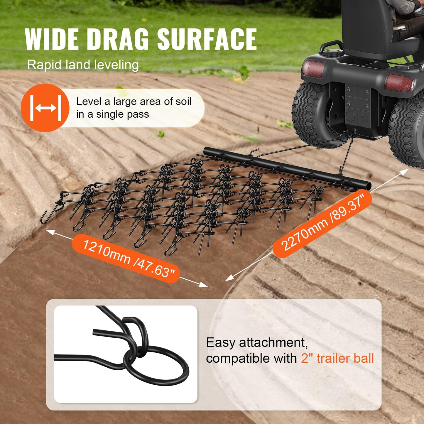 VEVOR 4' x 5' ATV Drag Harrow, Q235 Steel UTV Tractor Attachments for Landscape Leveling or Sod Prepping, Towable Grader for Gravel Driveway, Garden, Farm, Field Black