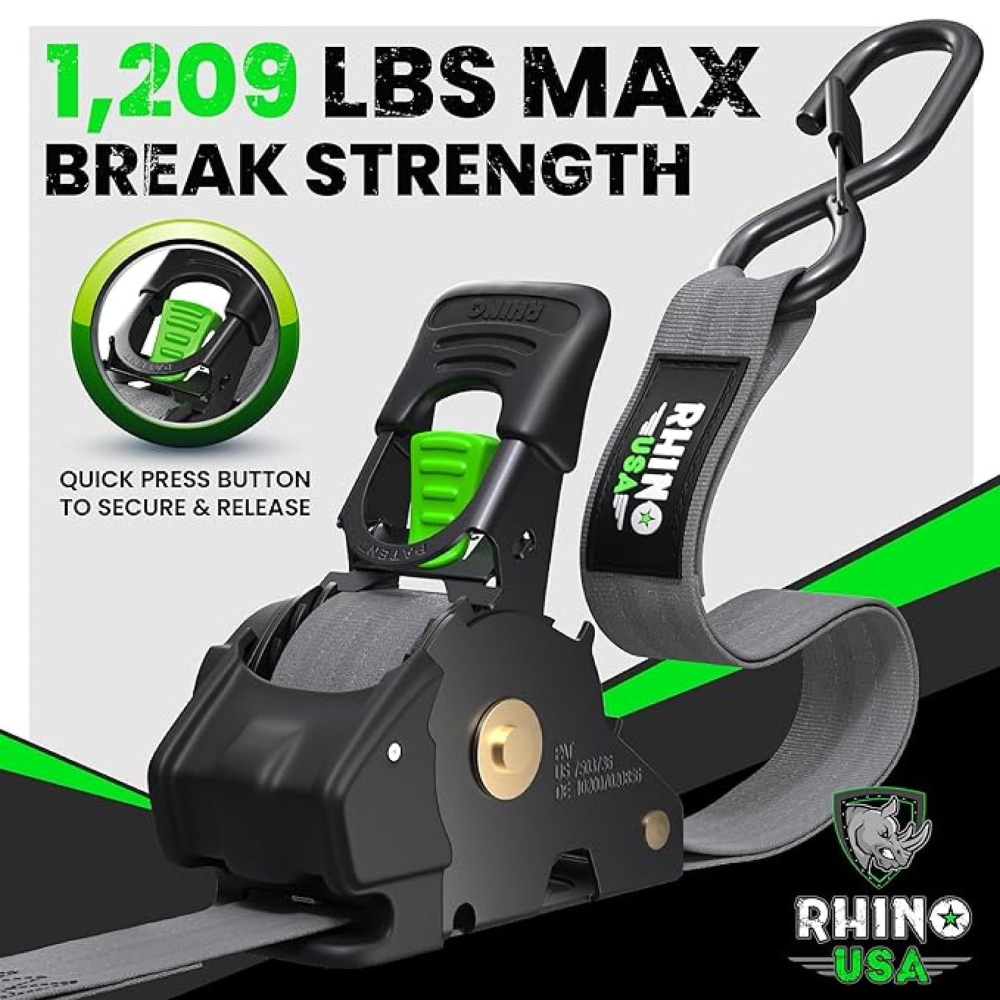 Rhino USA Retractable Ratchet Straps (4-Pack) - 1 Inch x 10 Feet (1,209lb Break Strength) - Heavy Duty Auto Self Retracting Tie Down Straps for Truck, Cargo Trailer, Motorcycle, Rad & More - Black