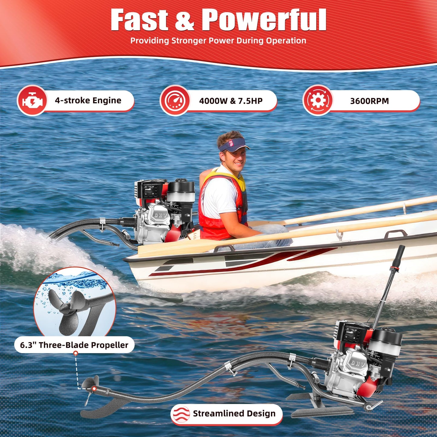 Mercury 7.5 HP Gasoline 212CC 3600RPM 4 Stroke Outboard Motor, Long Tail Mud Motor Kit with Water Cooling & TCI System for Fishing & Inflatable Boats