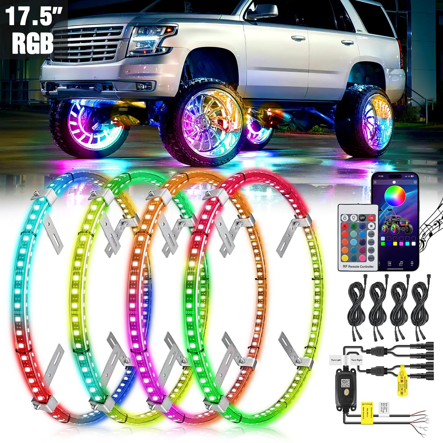 Nilight 4PCS 15.5inch LED Wheel Ring Lights RGB with APP and Remote Control Neon Lights Million Colors w/Turn Signal and Braking Function for Car Van SUV Truck