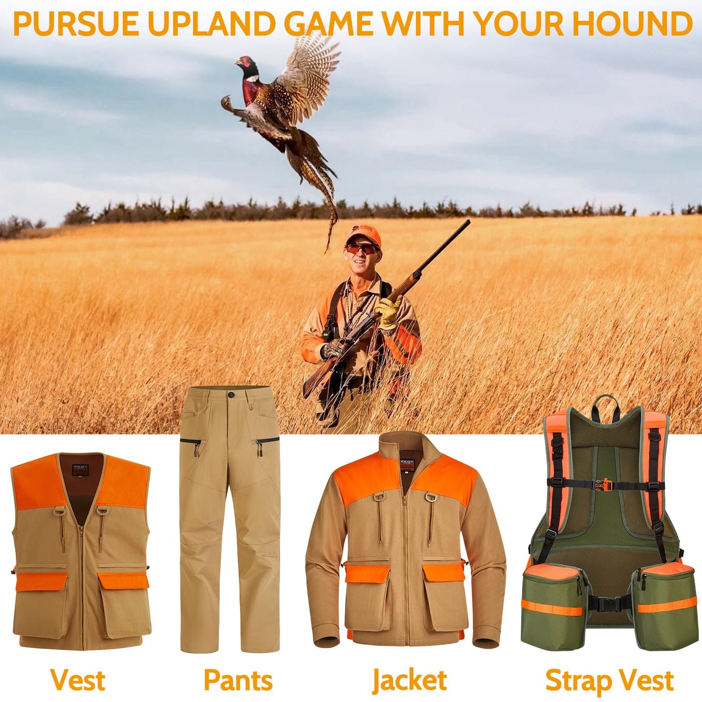 NEW VIEW Upland Hunting Vest for Men- Blaze Orange, Pheasant Hunting Vest with Game Pouch, Bird Hunting Vest for Quail