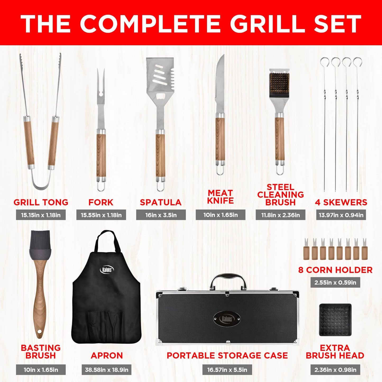 Kaluns Grilling Accessories, Dad Gifts for Fathers Day Grilling Gifts, Heavy Duty Stainless Steel BBQ Grill Tools Set for Outdoor Grill with Aluminum Case and Apron, Dad Birthday Gifts for Men Husband