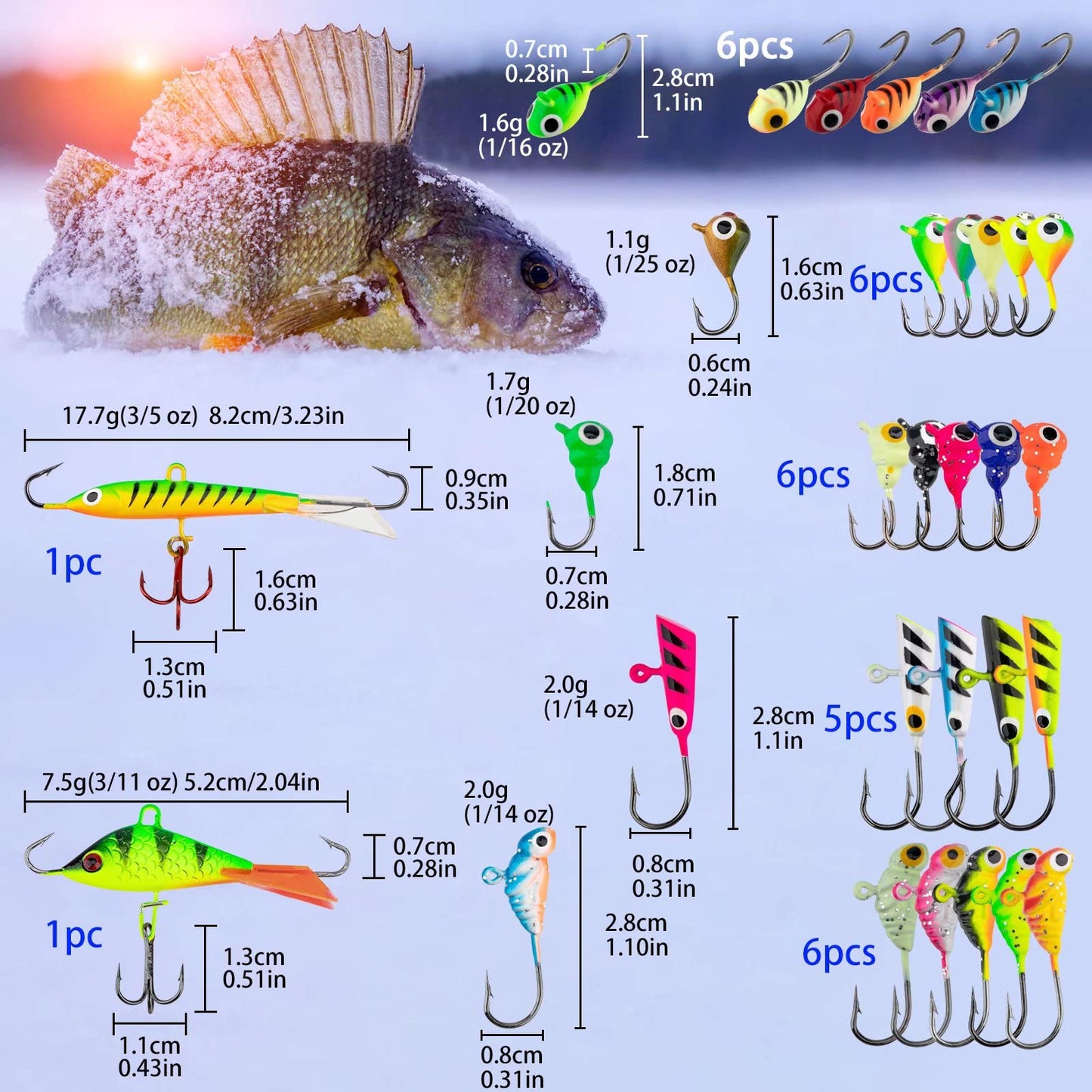THKFISH Ice Fishing Jigs Kit Ice Fishing Lures for Walleye Perch Jigs Heads for Ice Fishing Tackle Panfish Crappie Jigs 50PCS/31PCS