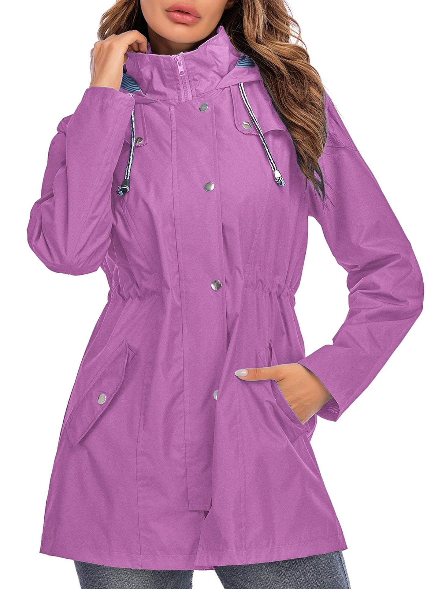 Rain Jacket Women Striped Lined Hooded Lightweight Raincoat Outdoor Waterproof Windbreaker