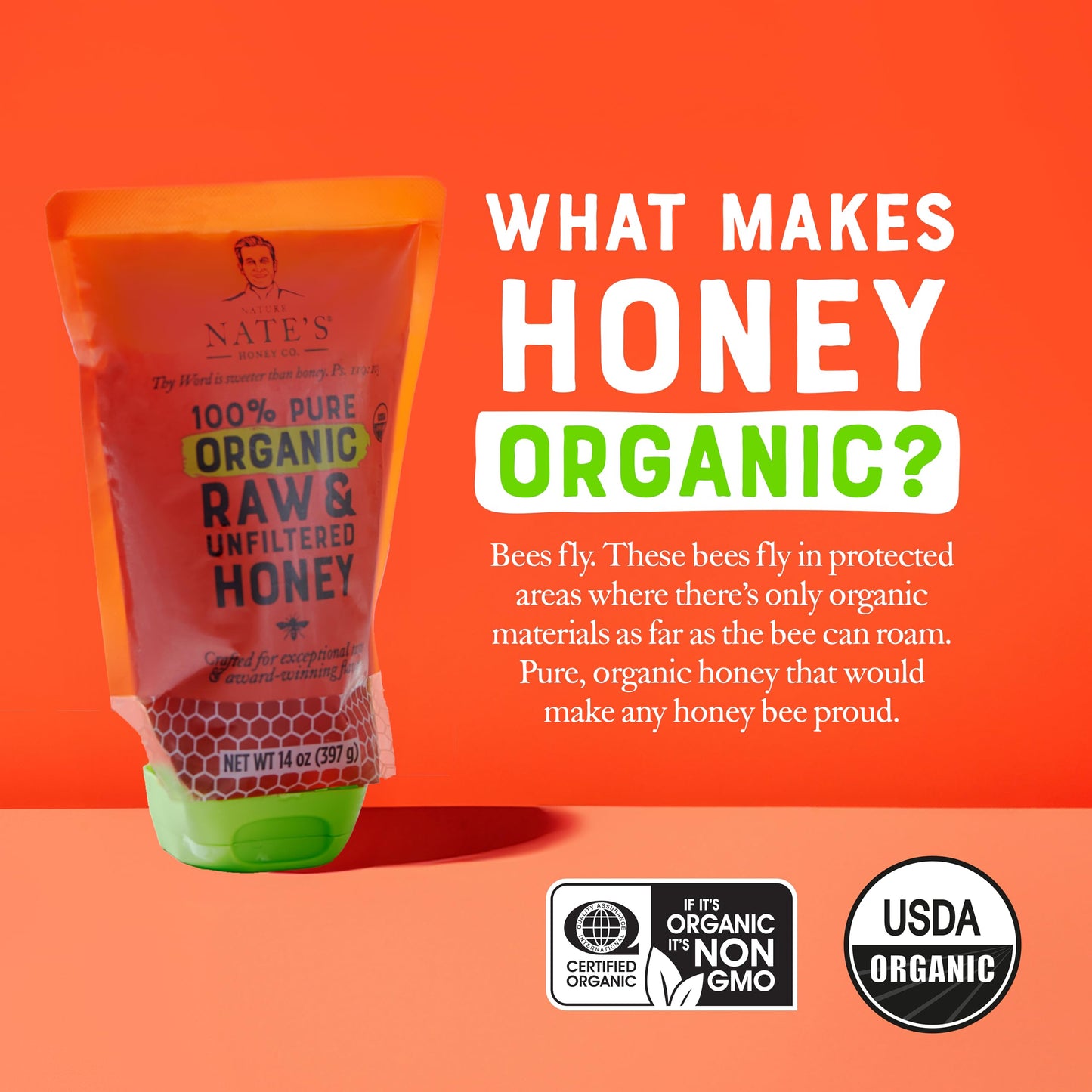 Nate's Organic 100% Pure, Raw & Unfiltered Honey - USDA Certified Organic - 32oz. Squeeze Bottle