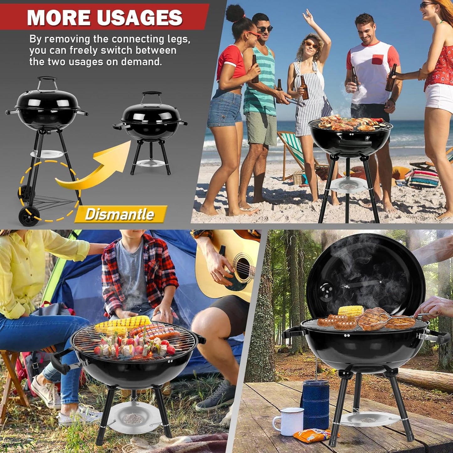 Joyfair Kettle Charcoal Grill (18 Inch), Outdoor Barbecue Grill for Camping/Backyard/Tabletop Grilling, Portable Round Smoker with Wheels, Enameled Lid & Fire Bowl, Dual Venting System, Black
