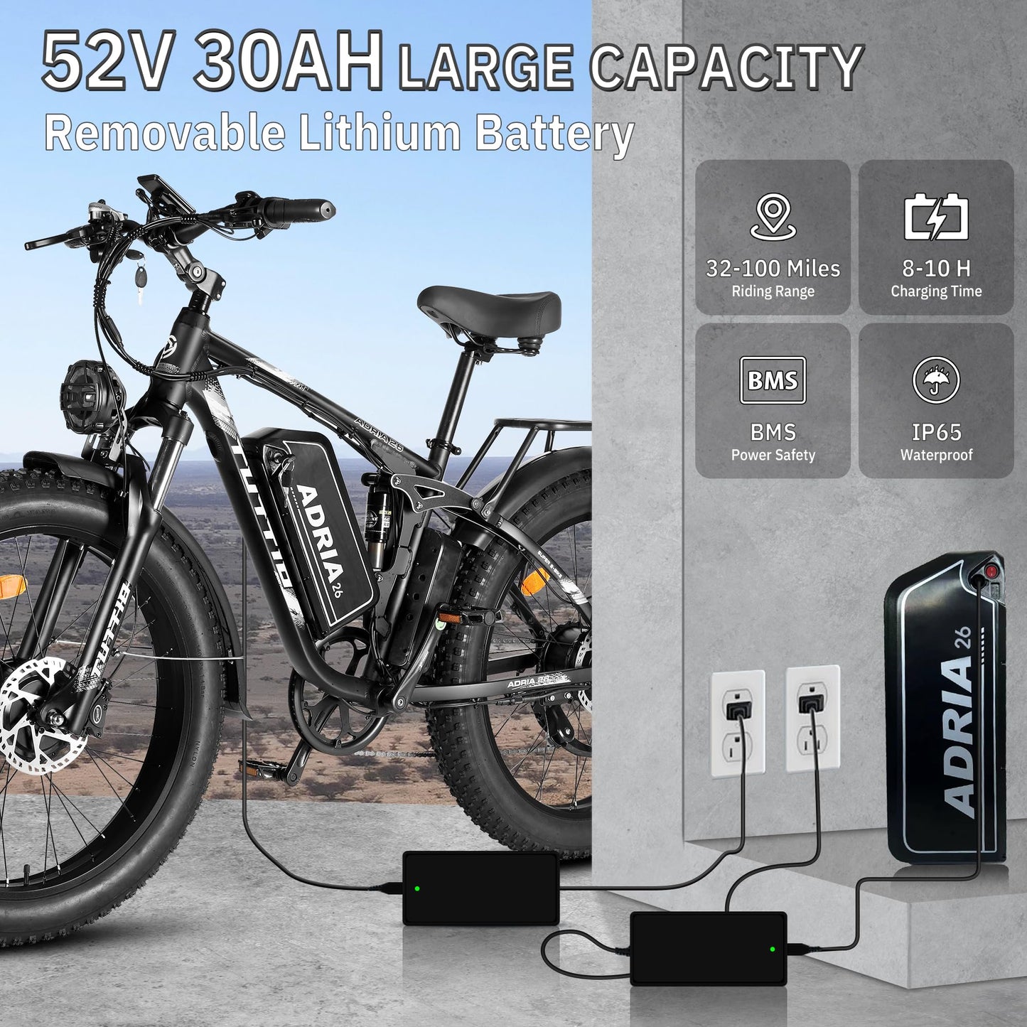 Peak 5000W-Electric-Bike for Adults-Men, Dual-Motor-Ebike 40-46MPH-Hunting-Ebike, 52V 30AH Long Range Dirtbike, 26" Fat-Tire-Electric-Bicycle, Full Suspension Mountain Bike for Off-Road Snow Sand