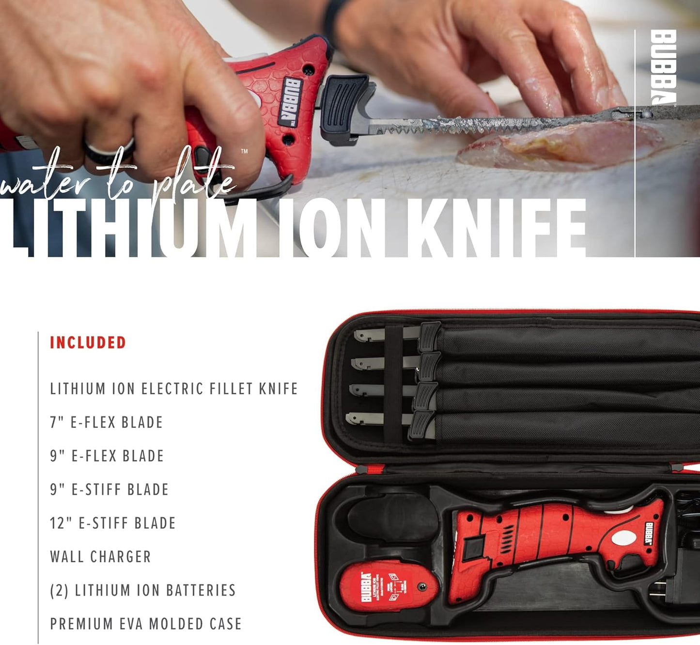 BUBBA Li-Ion Cordless Electric Fillet Knife with Non-Slip Grip Handle, 4 Ti-Nitride S.S. Coated Non-Stick Reciprocating Blades, Charger and Case for Fishing