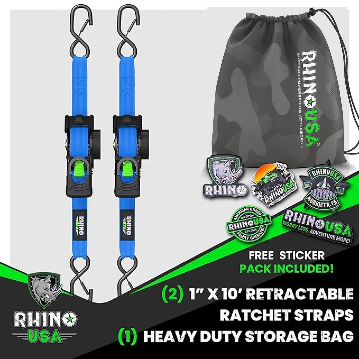 Rhino USA Retractable Ratchet Straps (4-Pack) - 1 Inch x 10 Feet (1,209lb Break Strength) - Heavy Duty Auto Self Retracting Tie Down Straps for Truck, Cargo Trailer, Motorcycle, Rad & More - Black