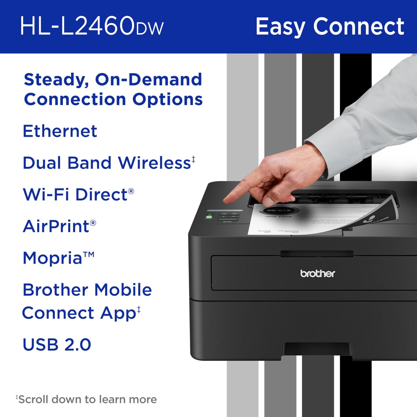 Brother HL-L2460DW Wireless Compact Monochrome Laser Printer with Duplex, Mobile Printing, Black & White Output | Includes Refresh Subscription Trial(1), Works with Alexa