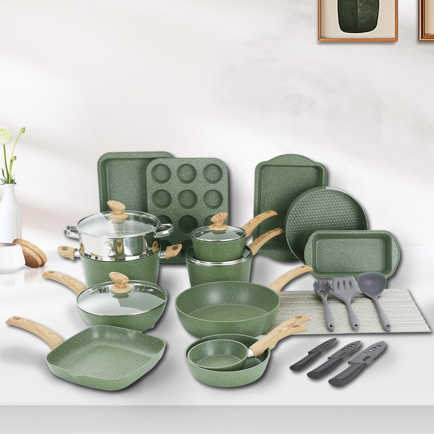 30 Piece Pots and Pans Set Non Stick, Granite Induction Cookware Sets, Nonstick Kitchen Cookware Sets, Non Toxic Cookware Set with Frying Pans and Saucepan, Kitchen Pots and Pans Set, Black