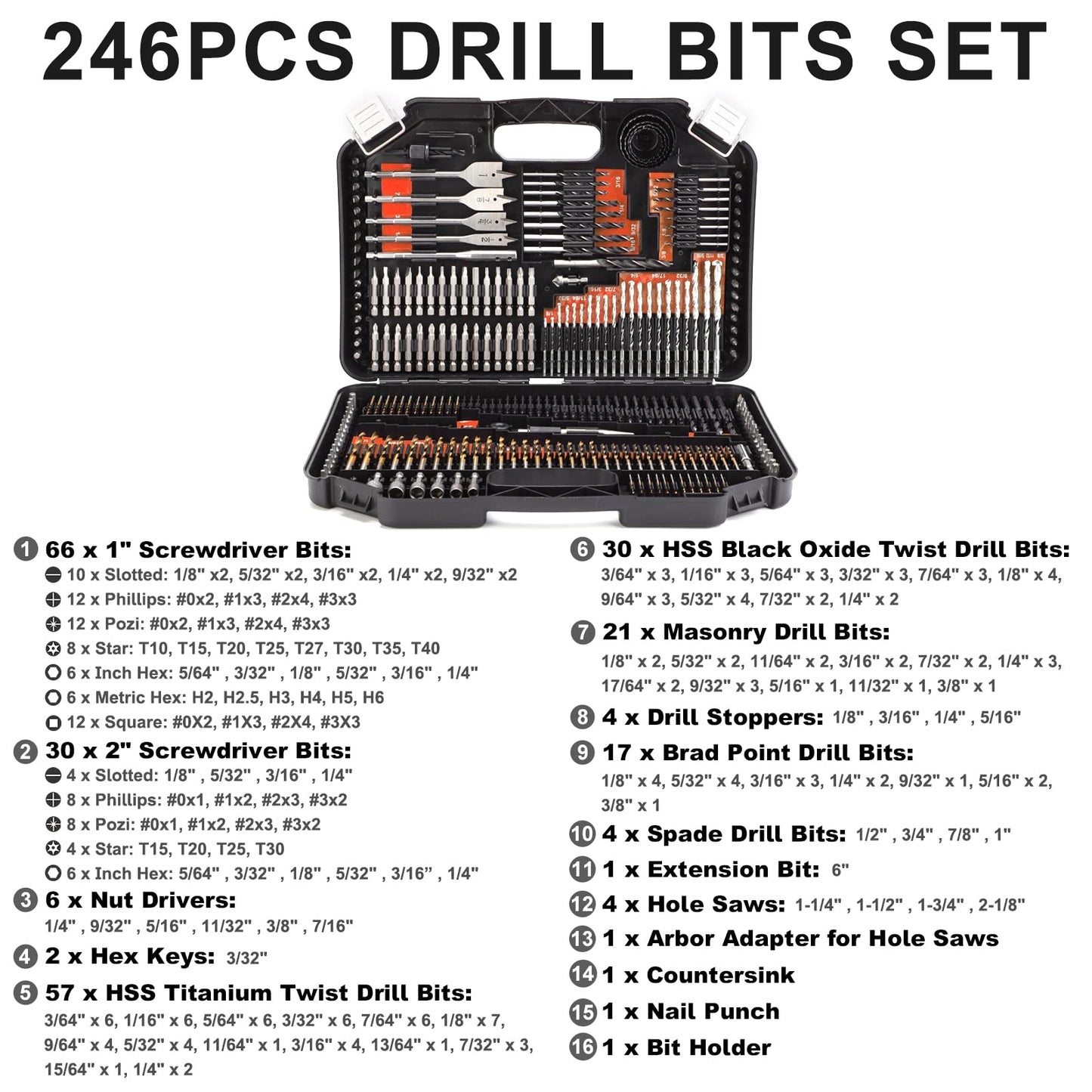 COMOWARE Drill Bit Set, 246 Pcs for Cordless Drill, Drill Driver Bit Set for Wood, Metal, Masonry, Cement and Screwdriver Bits Set Combo Kit