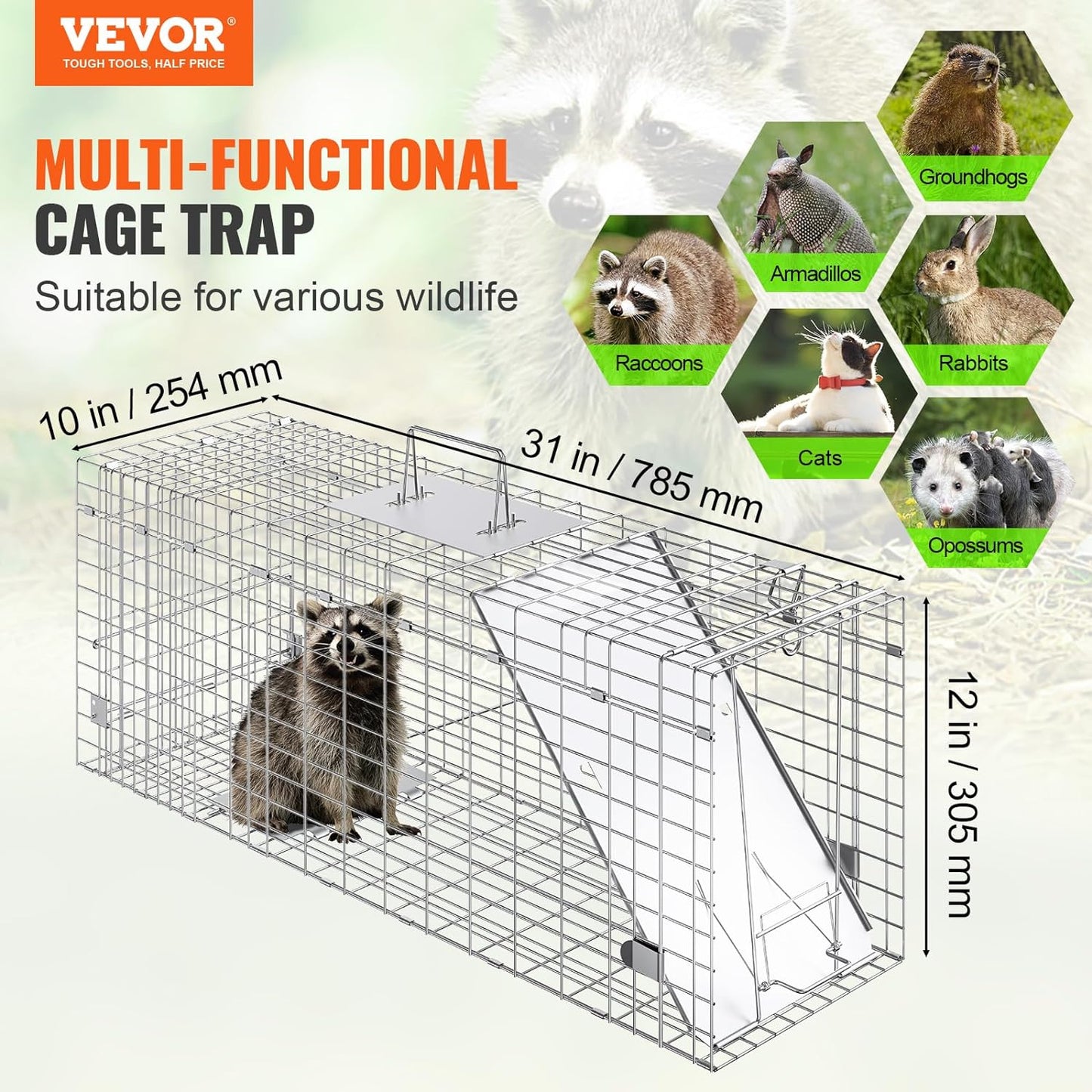 VEVOR Live Animal Cage Trap, 31" x 10" x 12" Humane Cat Trap Galvanized Iron, Folding Animal Trap with Handle for Rabbits, Stray Cats, Squirrels, Raccoons, Groundhogs and Opossums