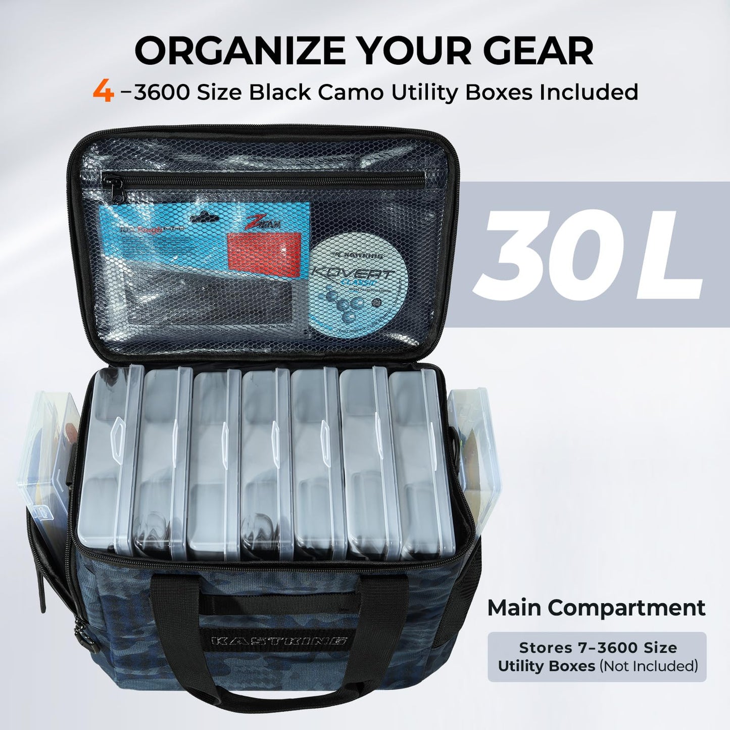 KastKing BaitSpace Fishing Tackle Bag With 4 Tackle Boxes & Removable Bait Binder, Water-Resistant Tackle Storage, Durable Fishing Gear, Adjustable Shoulder Strap