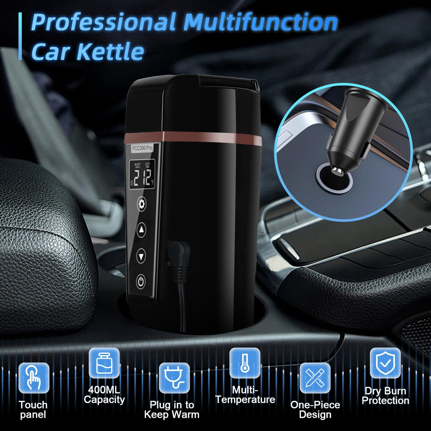 Car Electric Kettle: 12V/24V Portable Water Boiler Heated Travel Mug,Multiple Temperature Adjustable Coffee Tea Truck Cup with 304 Stainless Steel Dry Burn Protection & Handy Cup Bag