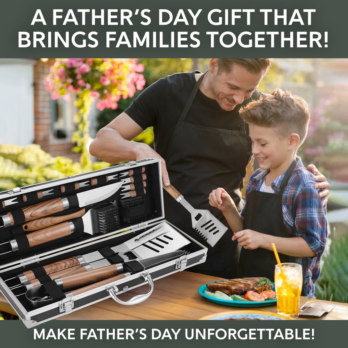 Kaluns Grilling Accessories, Dad Gifts for Fathers Day Grilling Gifts, Heavy Duty Stainless Steel BBQ Grill Tools Set for Outdoor Grill with Aluminum Case and Apron, Dad Birthday Gifts for Men Husband