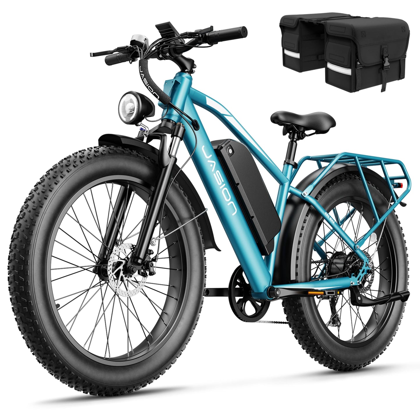Jasion EB5 MAX Electric Bike for Adults with 1500W Peak Motor, 48V 15Ah (720Wh) Battery Electric Mountain Bike, 26'' x 4'' Fat Tire Ebike, 28+MPH Speed, Cruise Control, with Fenders, Rear Rack