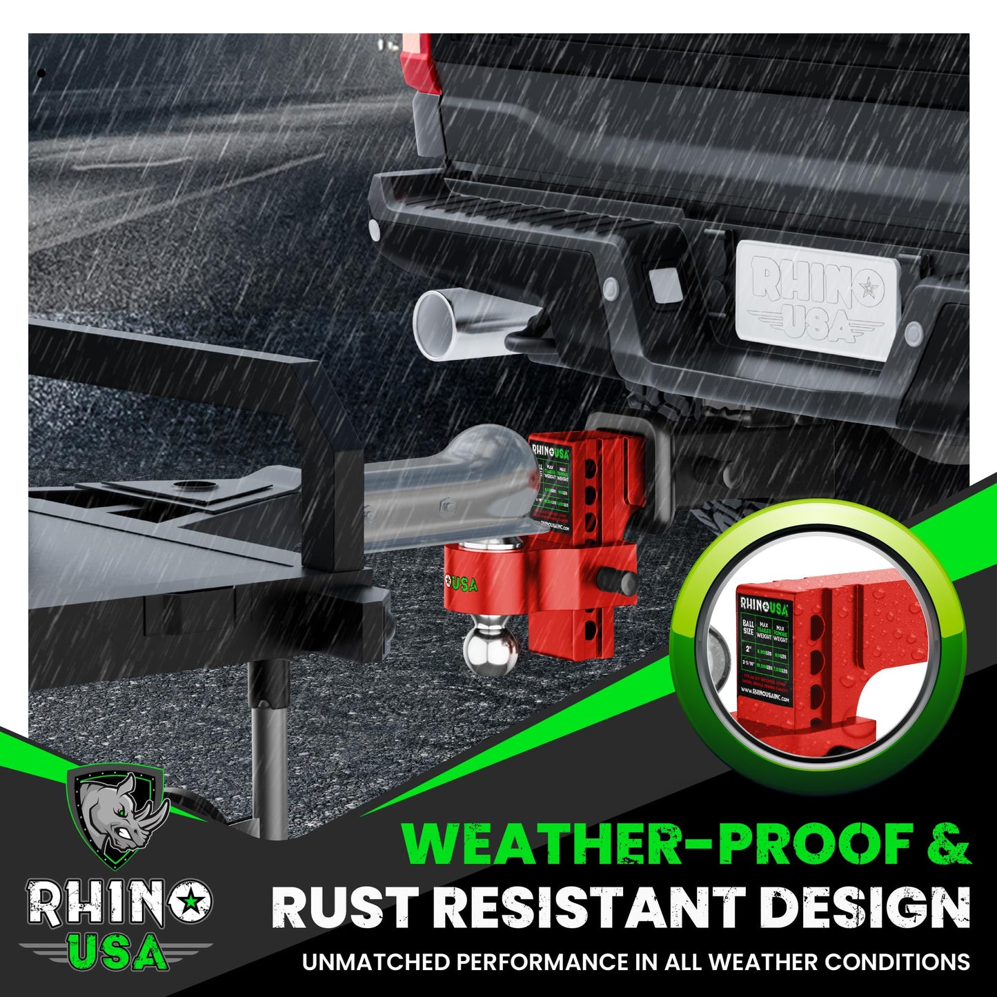 Rhino USA Adjustable Trailer Hitch (Fits 2-Inch Receiver) - Heavy Duty Aluminum Tow Hitches with 6-Inch Drop/Rise for Truck (12,500 LBS GTW) - Weatherproof Double Anti-Theft Locking Hitch Pins (Black)