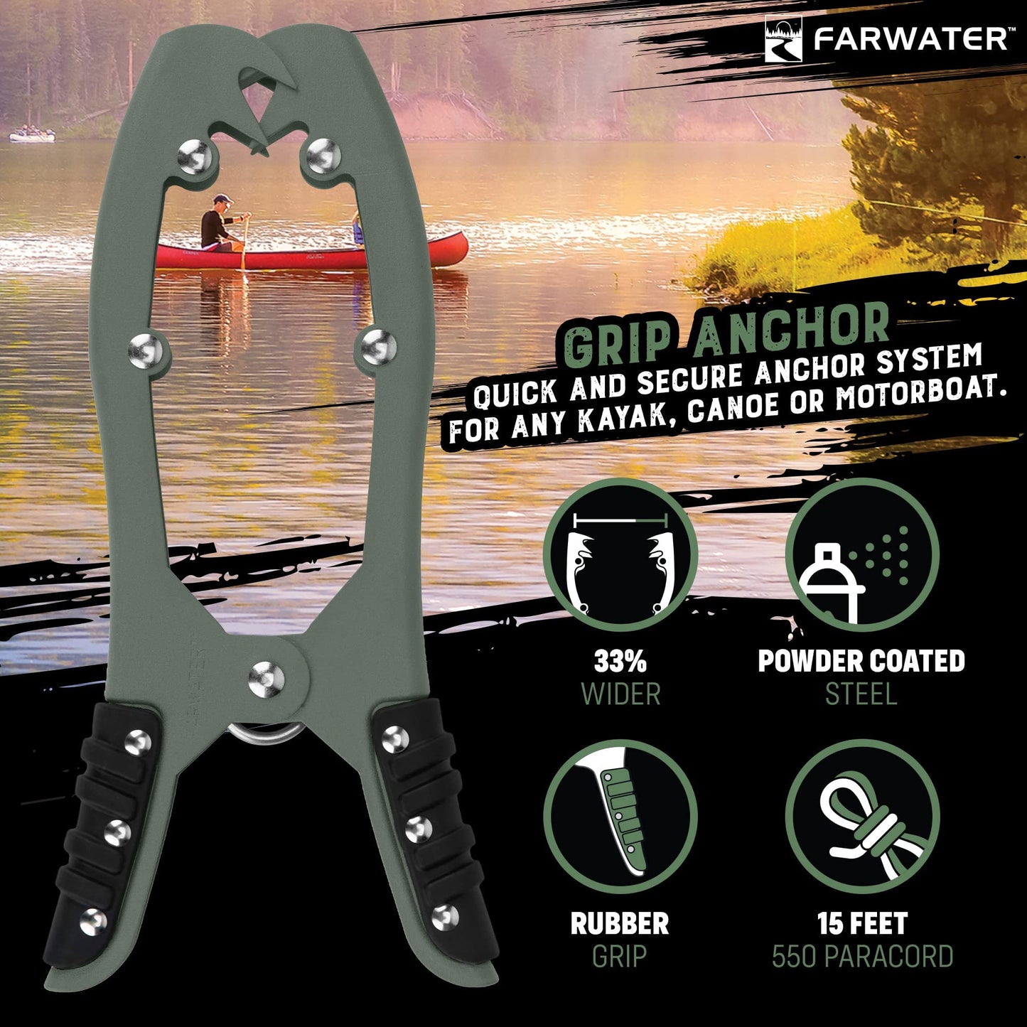Canoe Anchor Grip - Boat, Float Tube & Kayak Fishing Accessories, Kayaking Equipment - Brush Clamp Anchor with Teeth - Gripper with 15ft Paracord - Rubber Grips - Coated Steel -