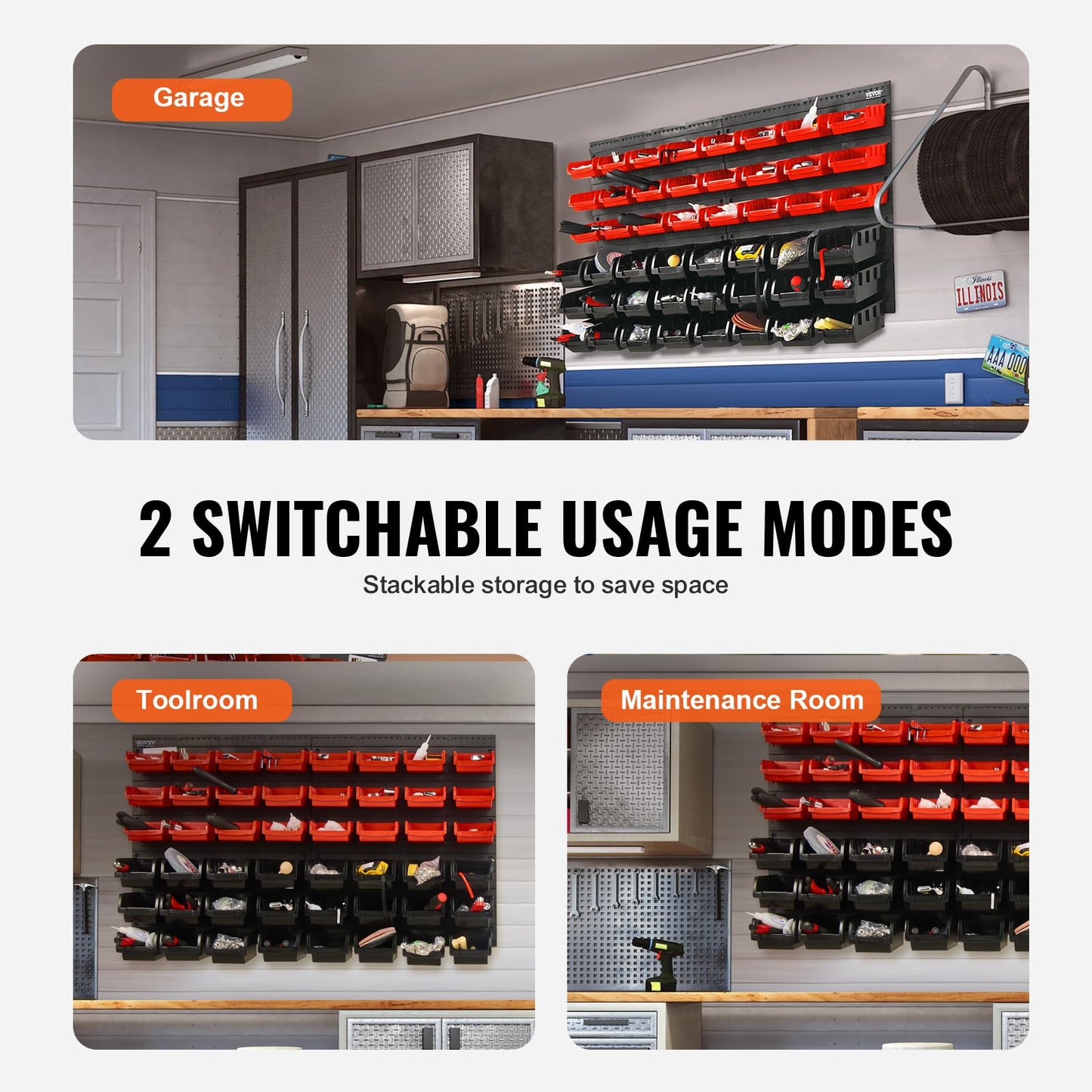 VEVOR Wall Mounted Storage Rack System, 30-Bin Parts Rack Organizer with Wall Panels/Tool Holders/Hooks, Garage Plastic Shop Tool Organizer for Nuts, Bolts, Screws, Nails, Beads, Buttons