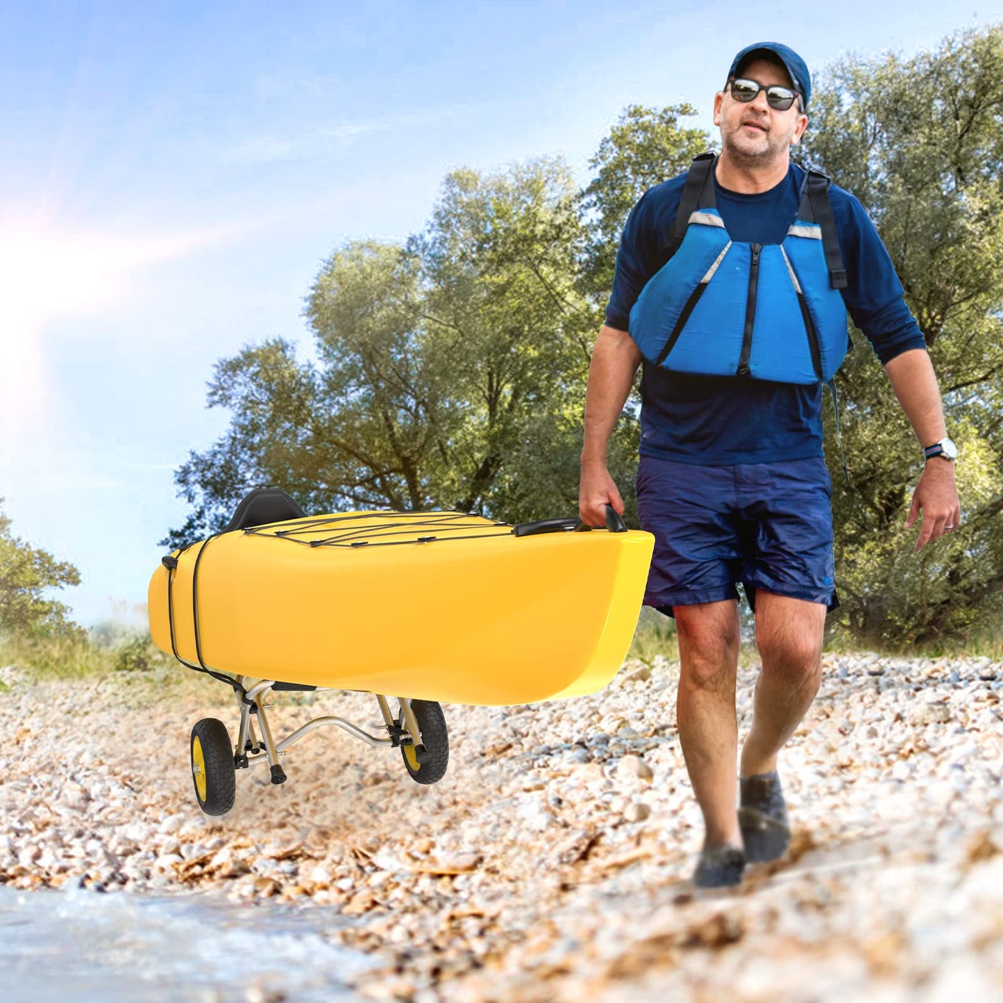 Bonnlo Kayak Cart Canoe Dolly Fishing Kayak Accessories Carrier Foldable Paddle Board Trolley Boat Trailer Transport with NO-Flat Airless Tires Wheels and 2 Ratchet Straps