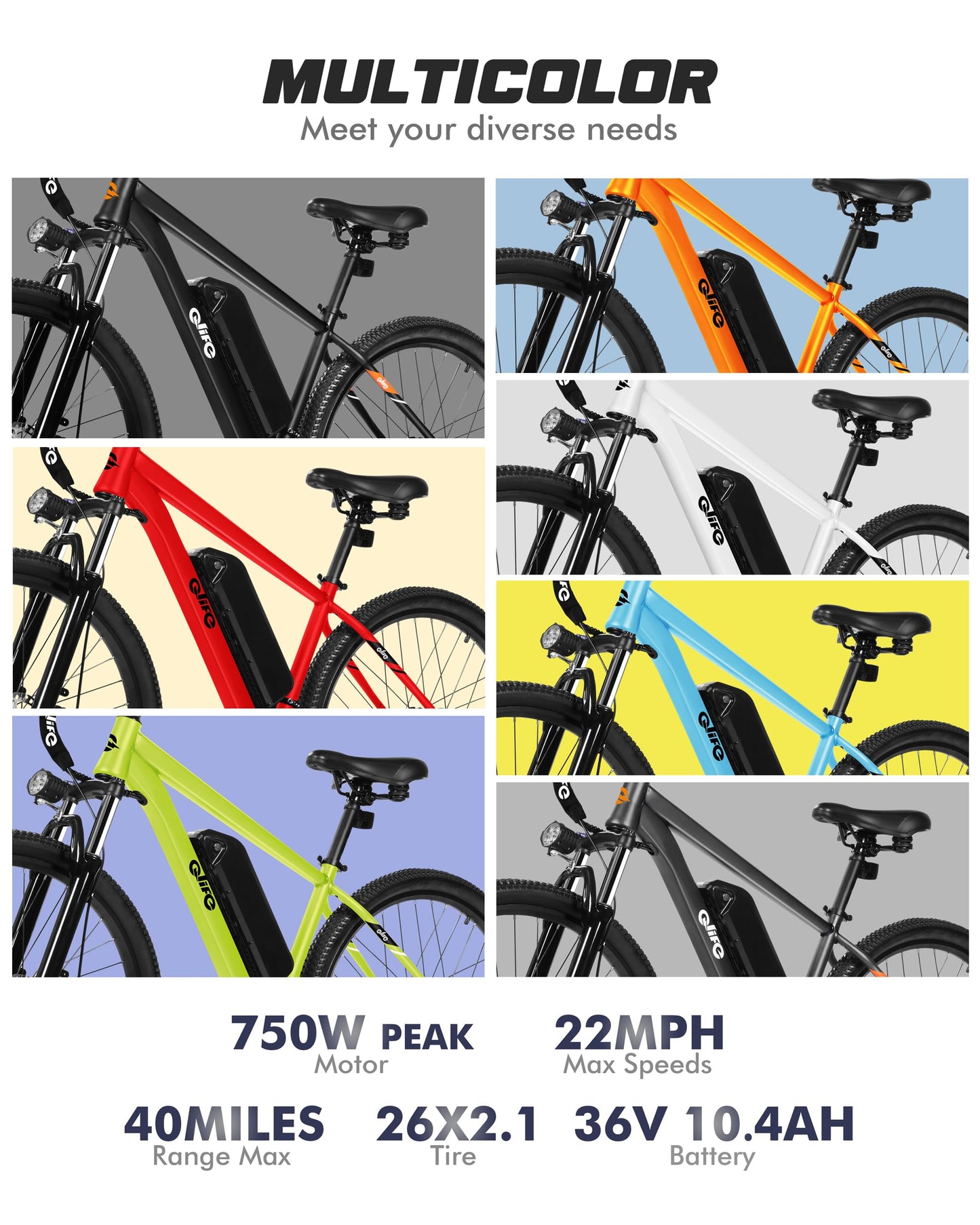 Racer Electric Bike for Adults - 21-Speed Mountain Lightweight Ebike with Peak 750W 22MPH Brushless Motor, 375Wh Removable Battery, 26X2.1 Tire Step Over E-MTB, Up to 40 Miles