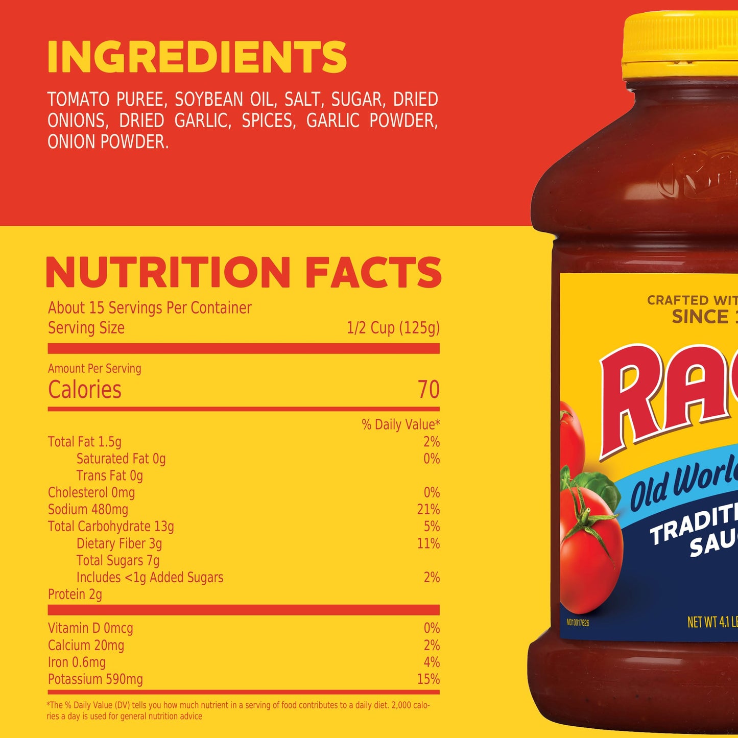 Ragu Old World Style Traditional Sauce, Made with Olive Oil, Perfect for Italian Style Meals at Home, 45 OZ