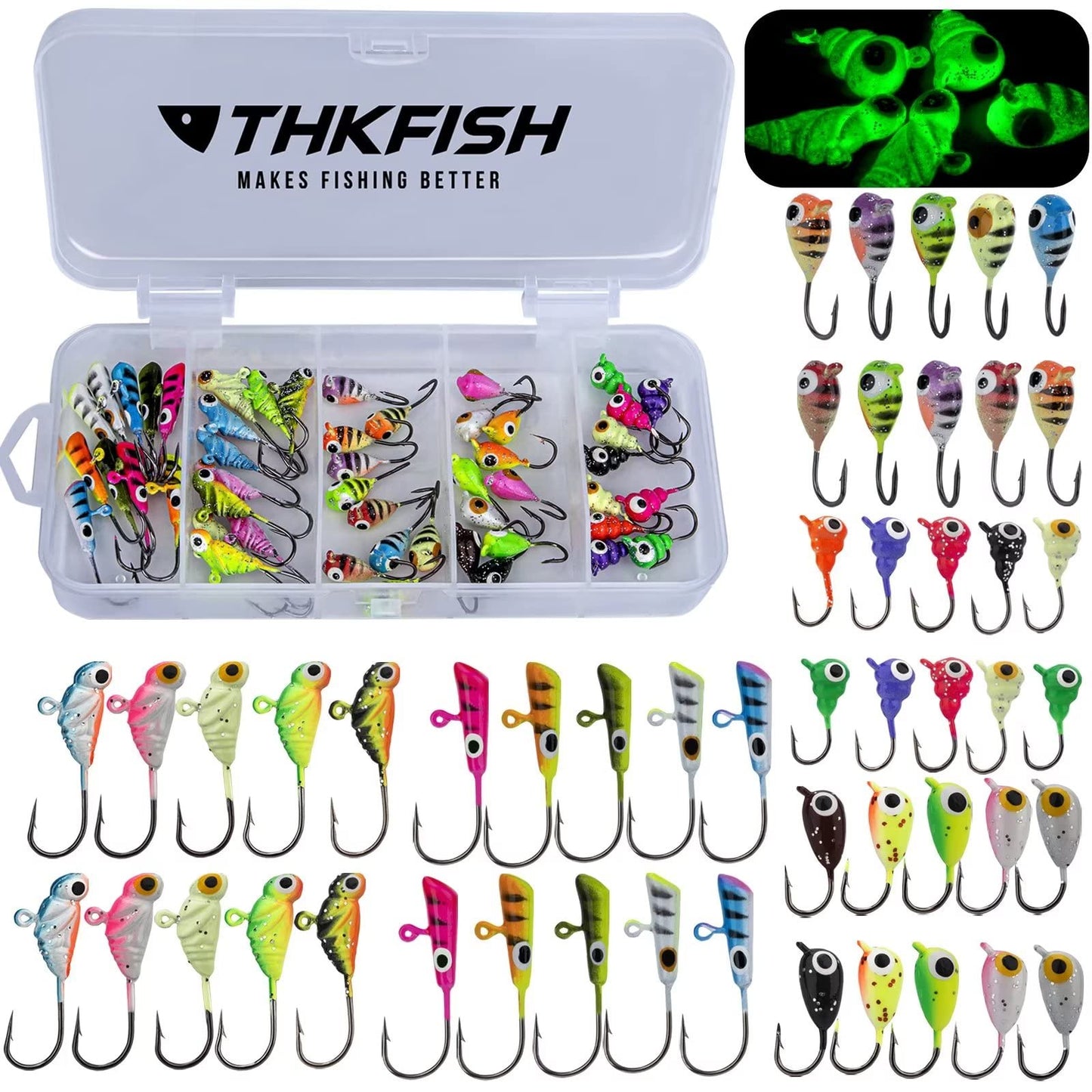 THKFISH Ice Fishing Jigs Kit Ice Fishing Lures for Walleye Perch Jigs Heads for Ice Fishing Tackle Panfish Crappie Jigs 50PCS/31PCS
