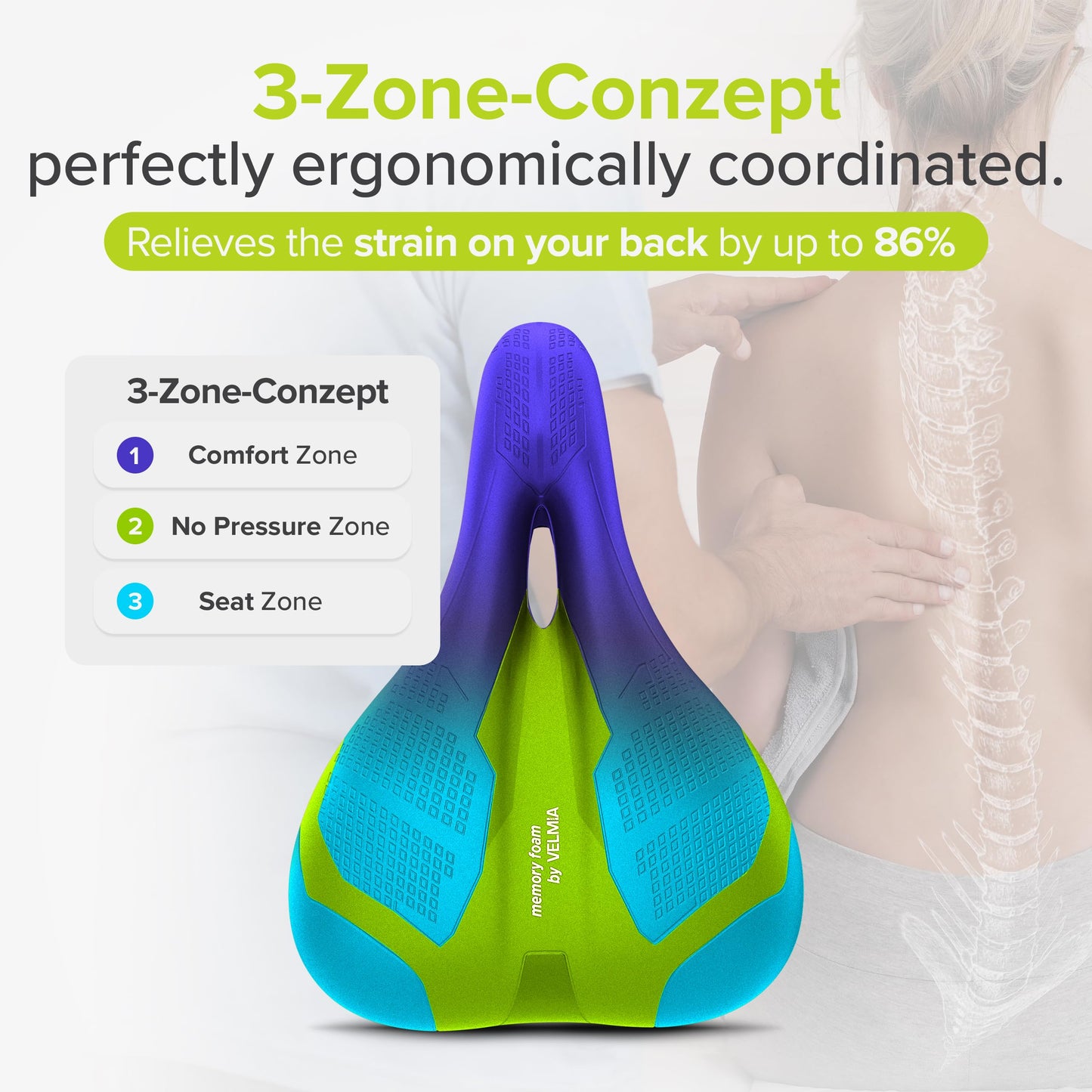 VELMIA Bike Seat Designed in Germany, Made of Comfy Memory Foam I Bicycle Seat for Men and Women, Waterproof Bike Saddle with Smart Zone-Concept I Exercise, for BMX, MTB & Road