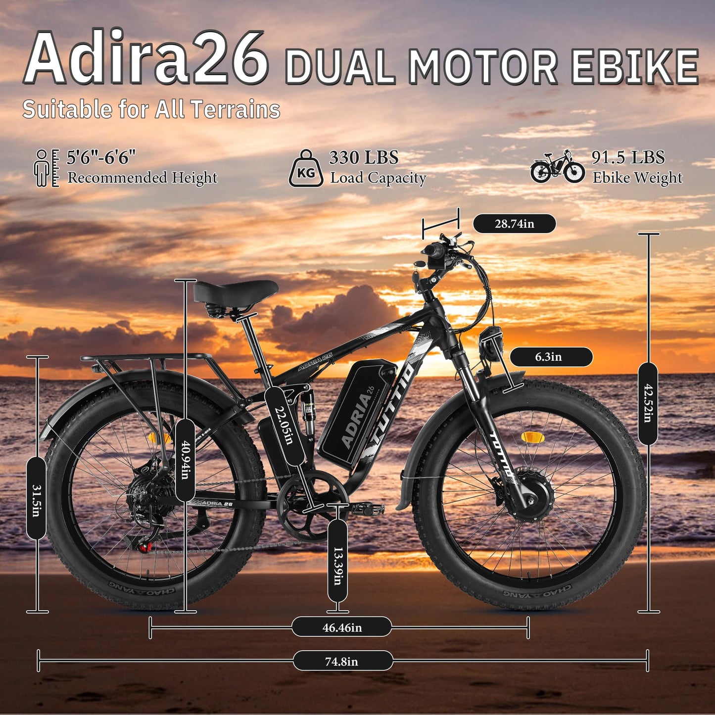 Peak 5000W-Electric-Bike for Adults-Men, Dual-Motor-Ebike 40-46MPH-Hunting-Ebike, 52V 30AH Long Range Dirtbike, 26" Fat-Tire-Electric-Bicycle, Full Suspension Mountain Bike for Off-Road Snow Sand