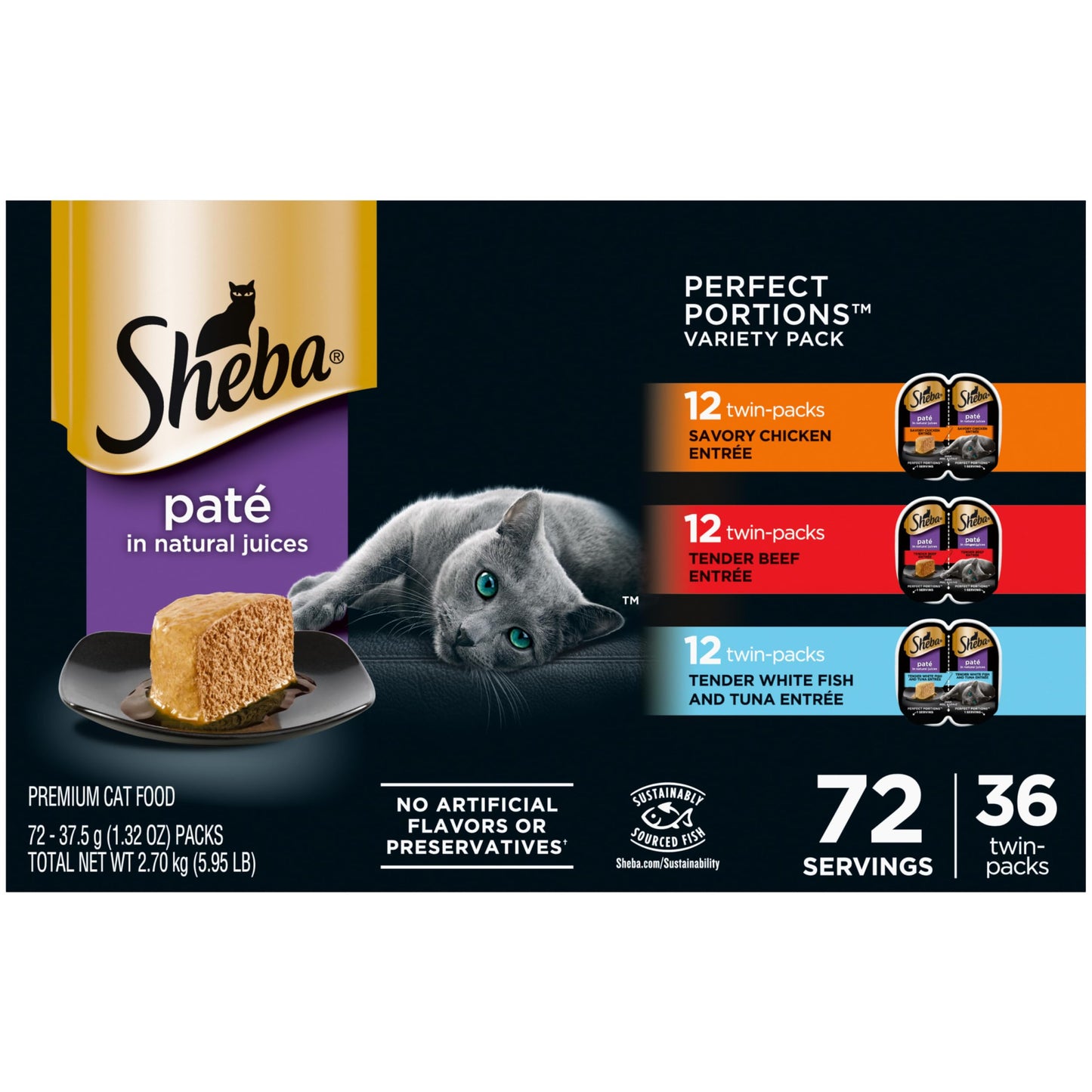 Sheba Perfect Portions Wet Cat Food Pate with Sustainable Salmon, Signature Seafood Entree, and Tender Whitefish and Tuna Entree Variety Pack, 2.6 oz. Twin Pack Trays (24 Count, 48 Servings)