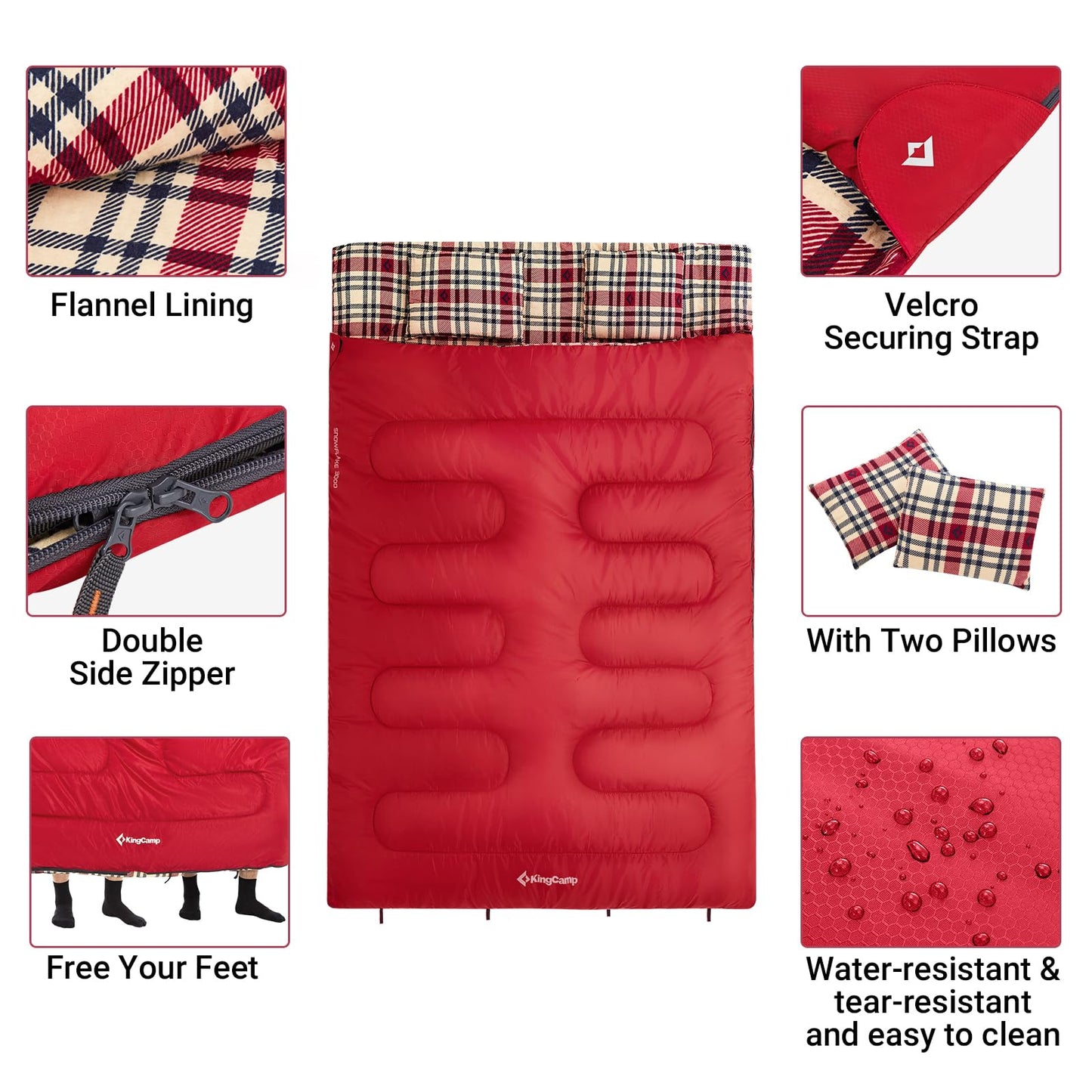 KingCamp Queen Size 2 Person Double Sleeping Bags with Pillows for Adults, 20 Degree Lightweight Backpacking Quilts for Couples Family Camping Hiking and Outdoors, Waterproof
