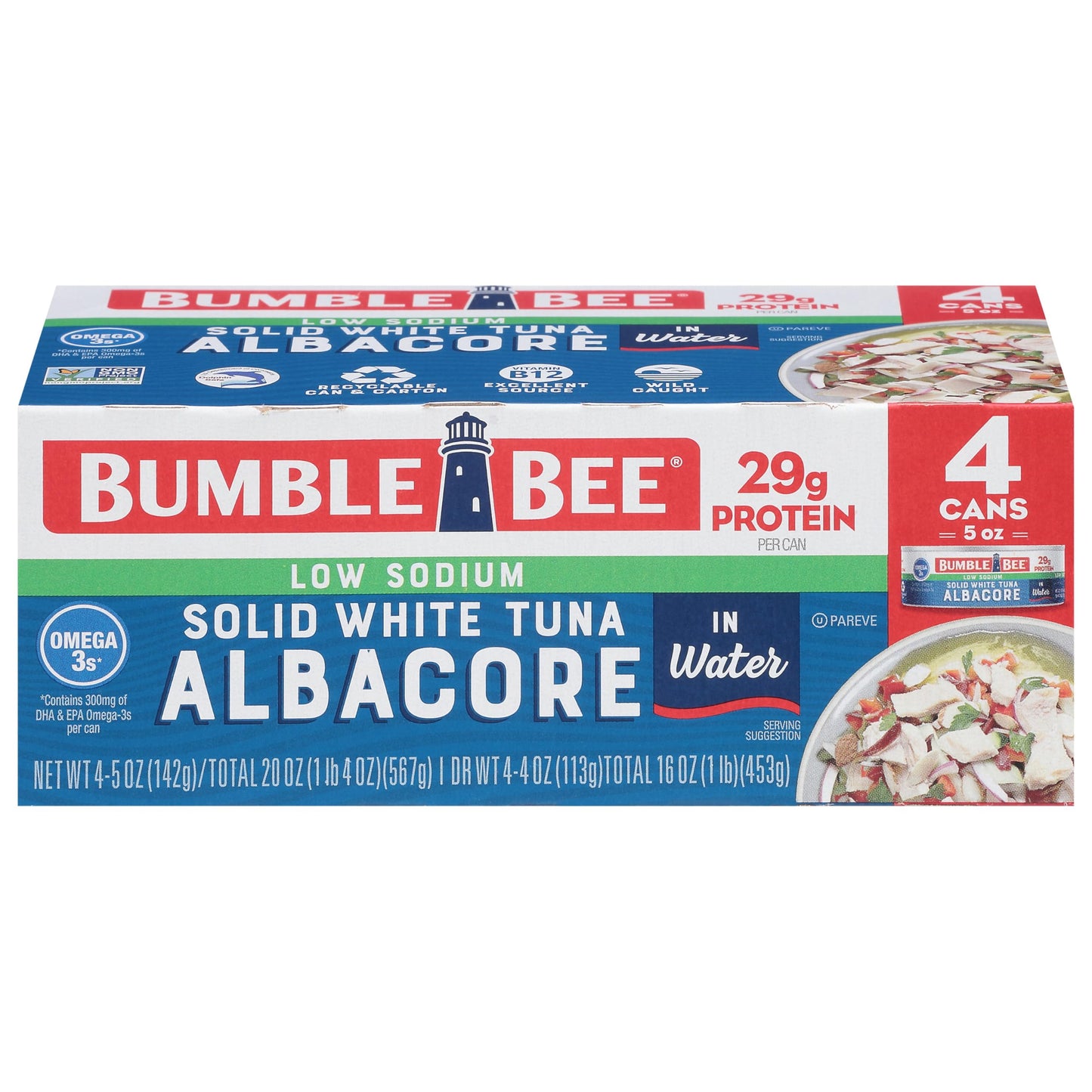 Bumble Bee Solid White Albacore Tuna in Water, 5 oz Can (Pack of 8) - Wild Caught Tuna - 29g Protein per Serving, High in Omega-3s - Non-GMO Project Verified, Gluten Free, Kosher