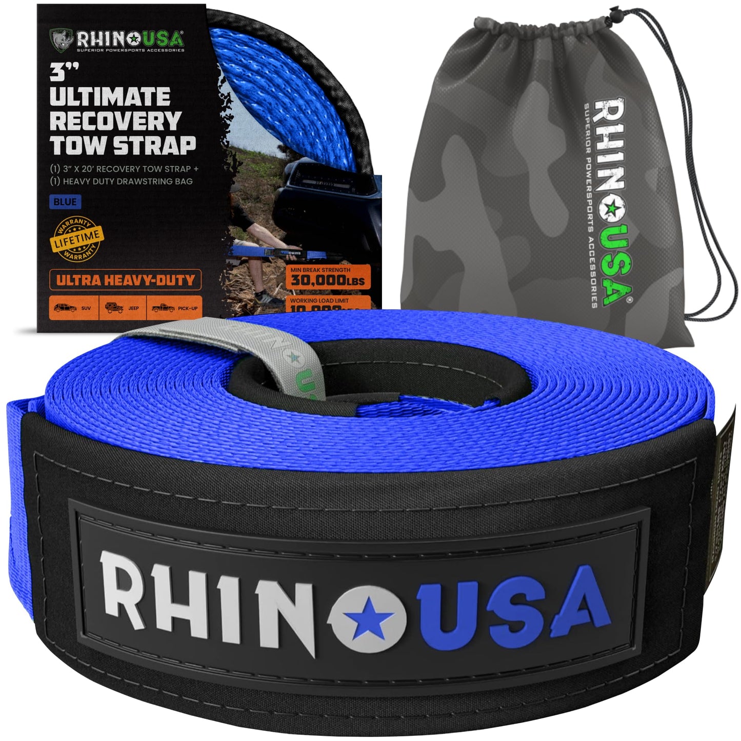 Rhino USA Recovery Tow Strap (3" x 20') - 31,518lb Break Strength - Emergency Recovery Strap Tow Rope for Truck, UTV, ATV & More - Heavy Duty Towing Strap for Offroad 4x4 Use - Compatible with Jeep