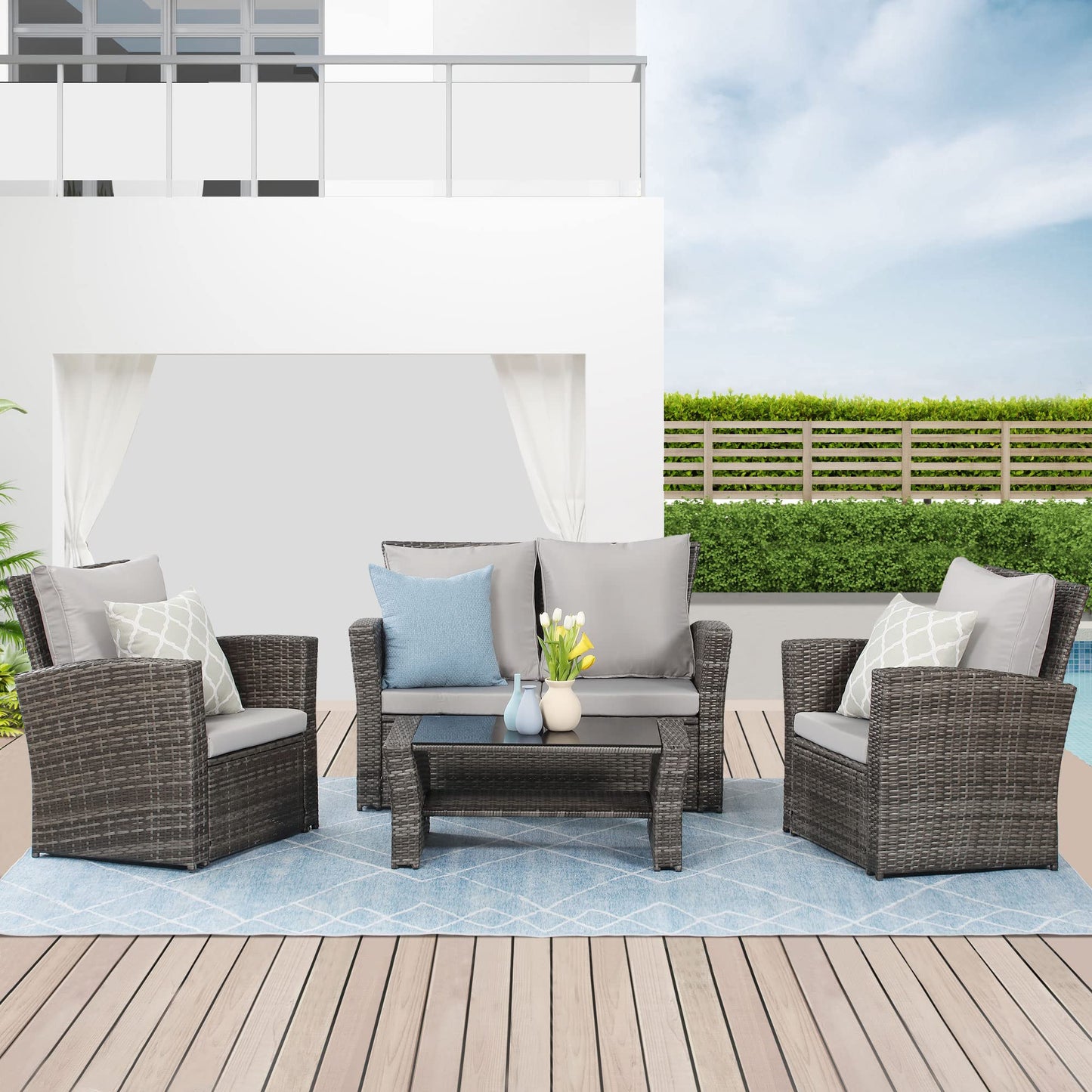 Wisteria Lane 4 Piece Outdoor Patio Furniture Sets, Wicker Conversation Set for Porch Deck, Brown Rattan Sofa Chair with Cushion
