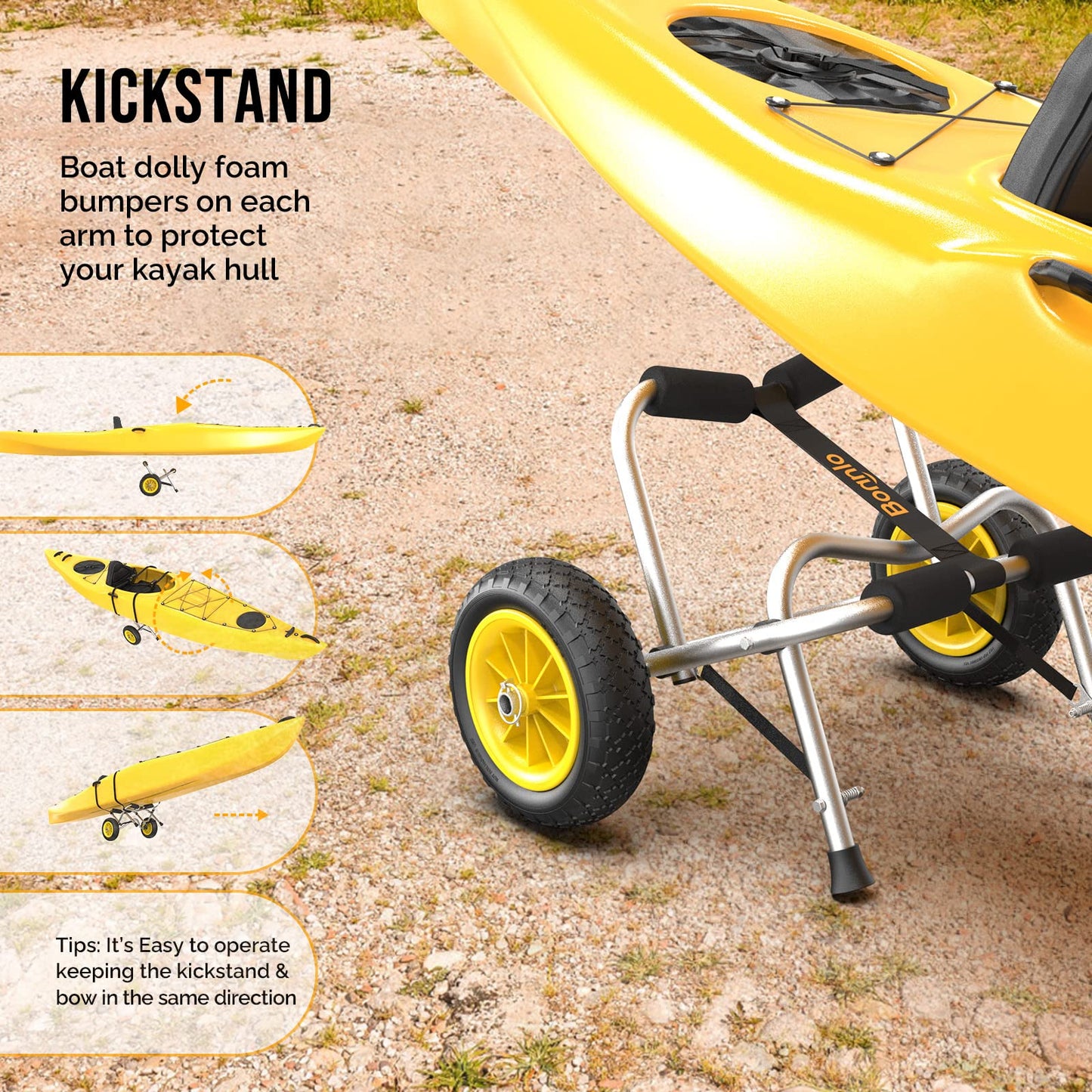 Bonnlo Kayak Cart Canoe Dolly Fishing Kayak Accessories Carrier Foldable Paddle Board Trolley Boat Trailer Transport with NO-Flat Airless Tires Wheels and 2 Ratchet Straps