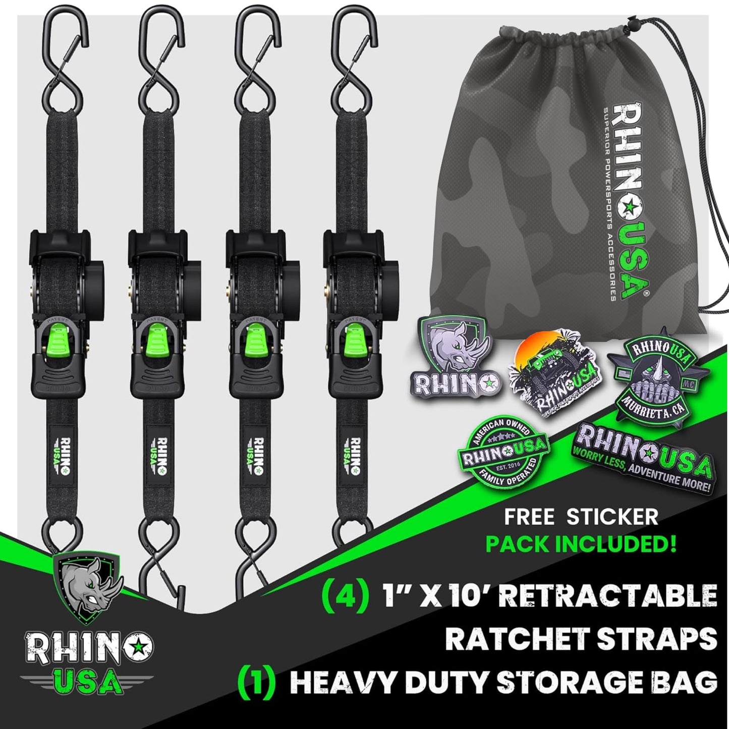 Rhino USA Retractable Ratchet Straps (4-Pack) - 1 Inch x 10 Feet (1,209lb Break Strength) - Heavy Duty Auto Self Retracting Tie Down Straps for Truck, Cargo Trailer, Motorcycle, Rad & More - Black