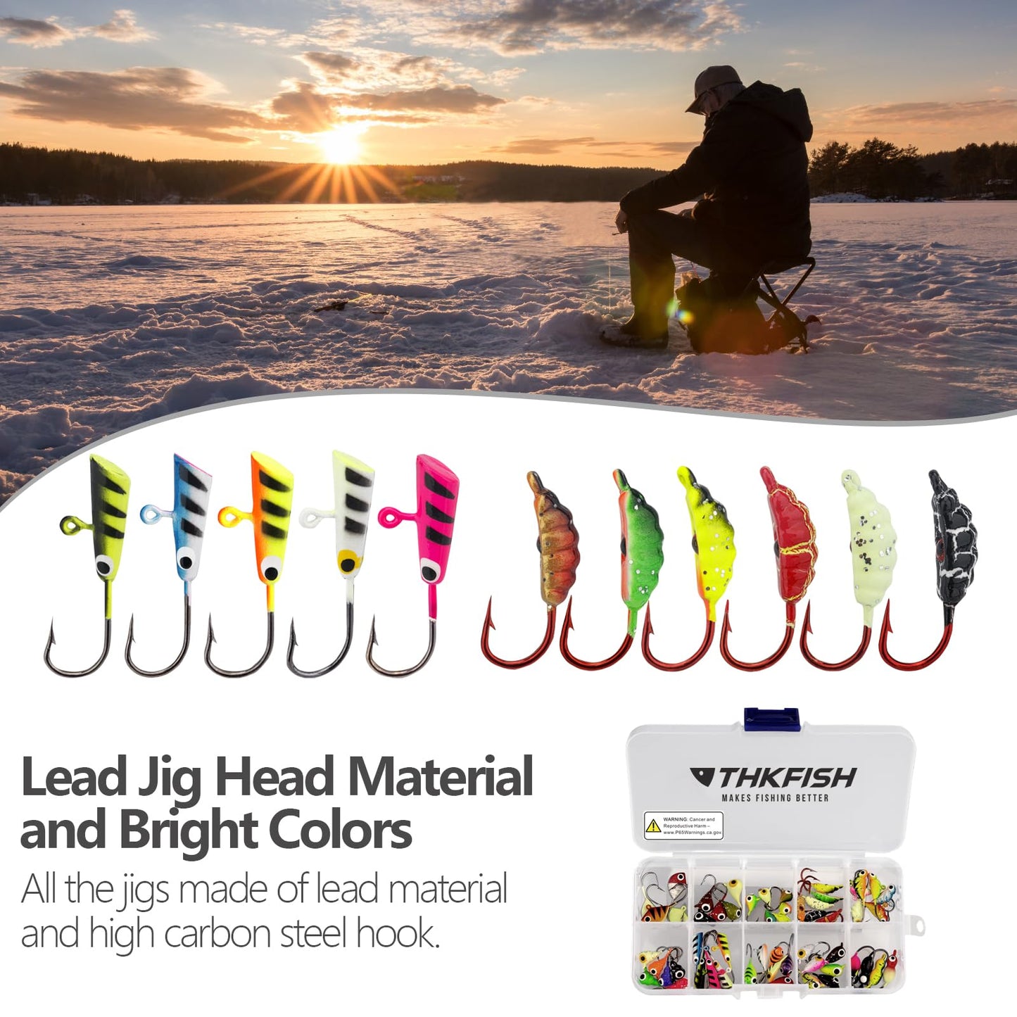 THKFISH Ice Fishing Jigs Kit Ice Fishing Lures for Walleye Perch Jigs Heads for Ice Fishing Tackle Panfish Crappie Jigs 50PCS/31PCS