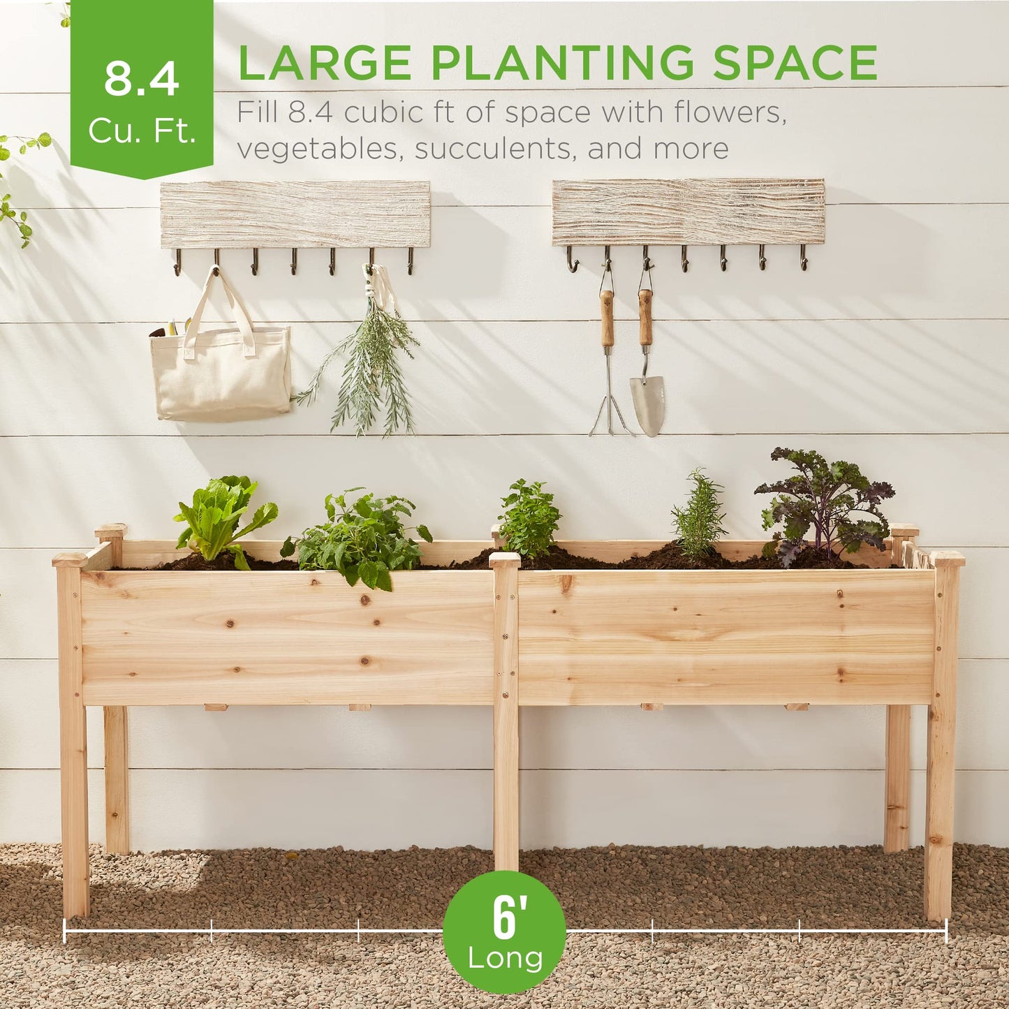 Best Choice Products 72x24x30in Raised Garden Bed, Elevated Wood Planter Box Stand for Backyard, Patio, Balcony w/Divider Panel, 6 Legs, 300lb Capacity - Natural